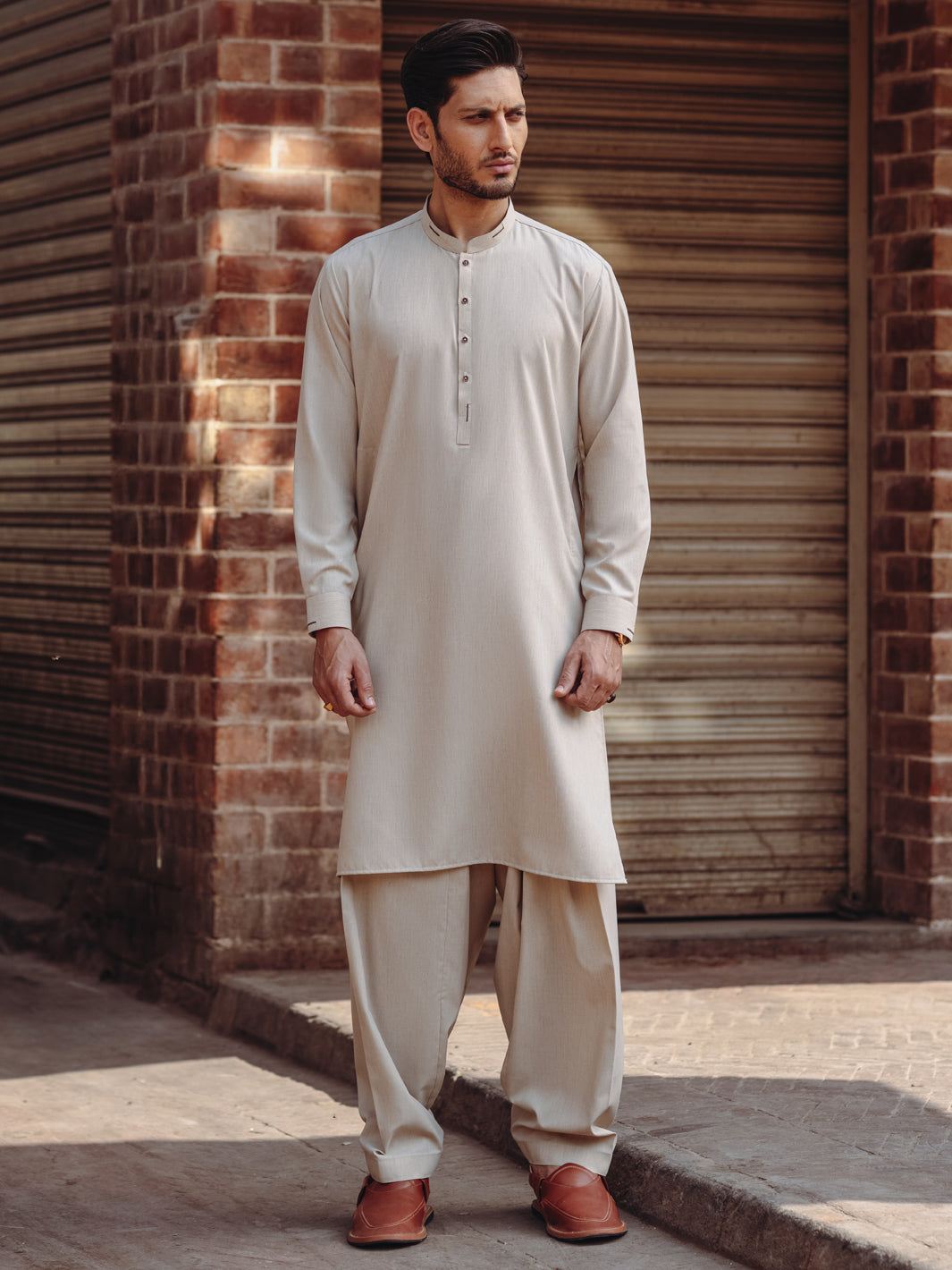 Beige Minimal Stitch Blended Shalwar Kameez (2-Piece) - Image 1