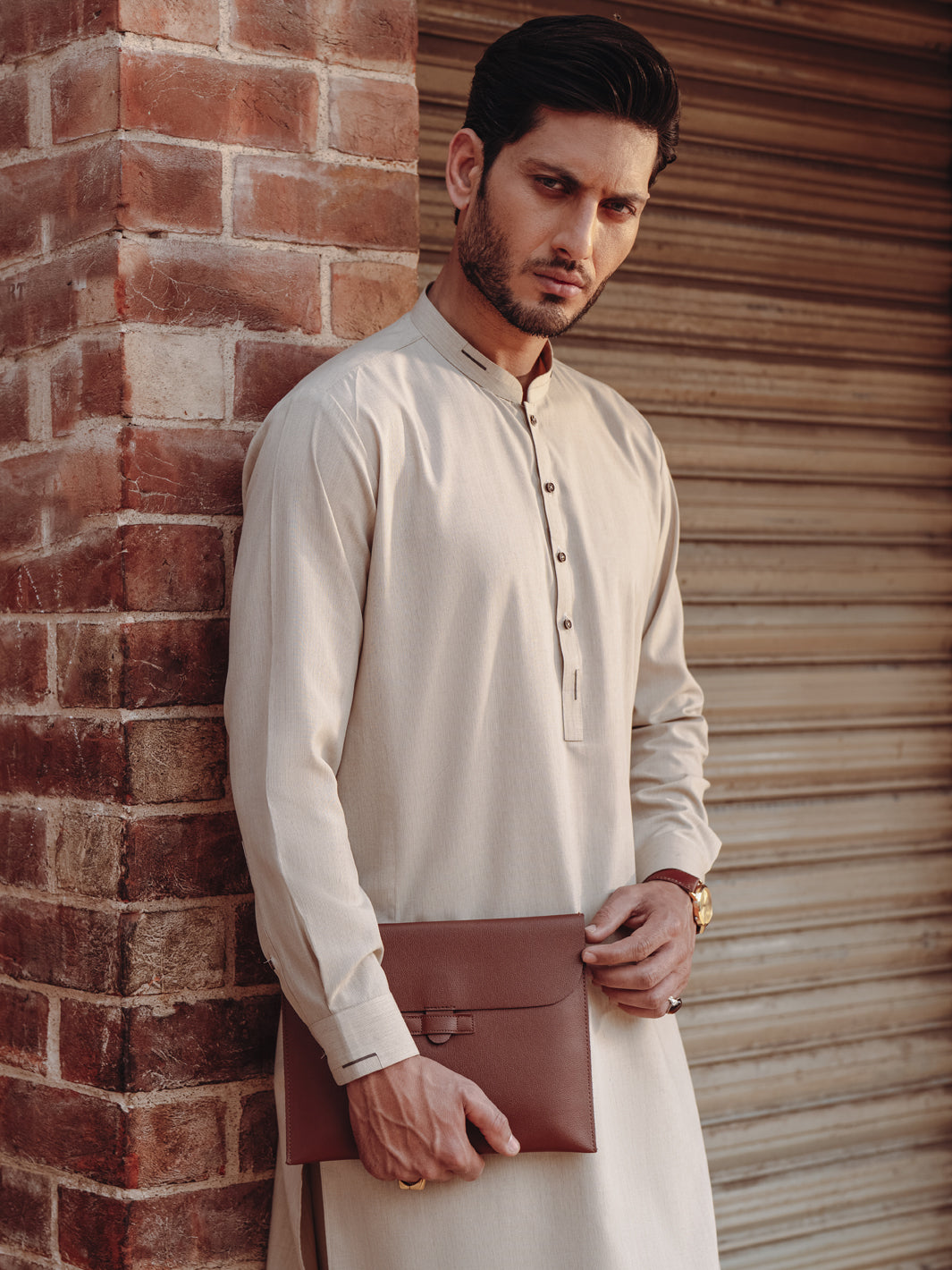 Beige Minimal Stitch Blended Shalwar Kameez (2-Piece) - Image 2