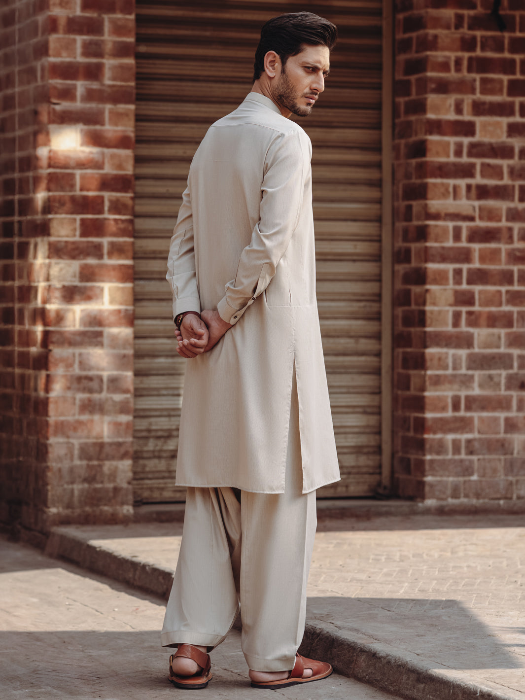 Beige Minimal Stitch Blended Shalwar Kameez (2-Piece) - Image 4