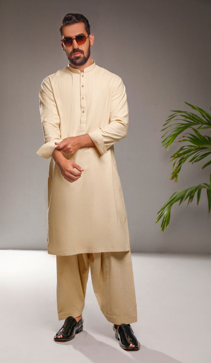 Cream Beige Plain Cotton Shalwar Kameez (2-Piece) - Image 1