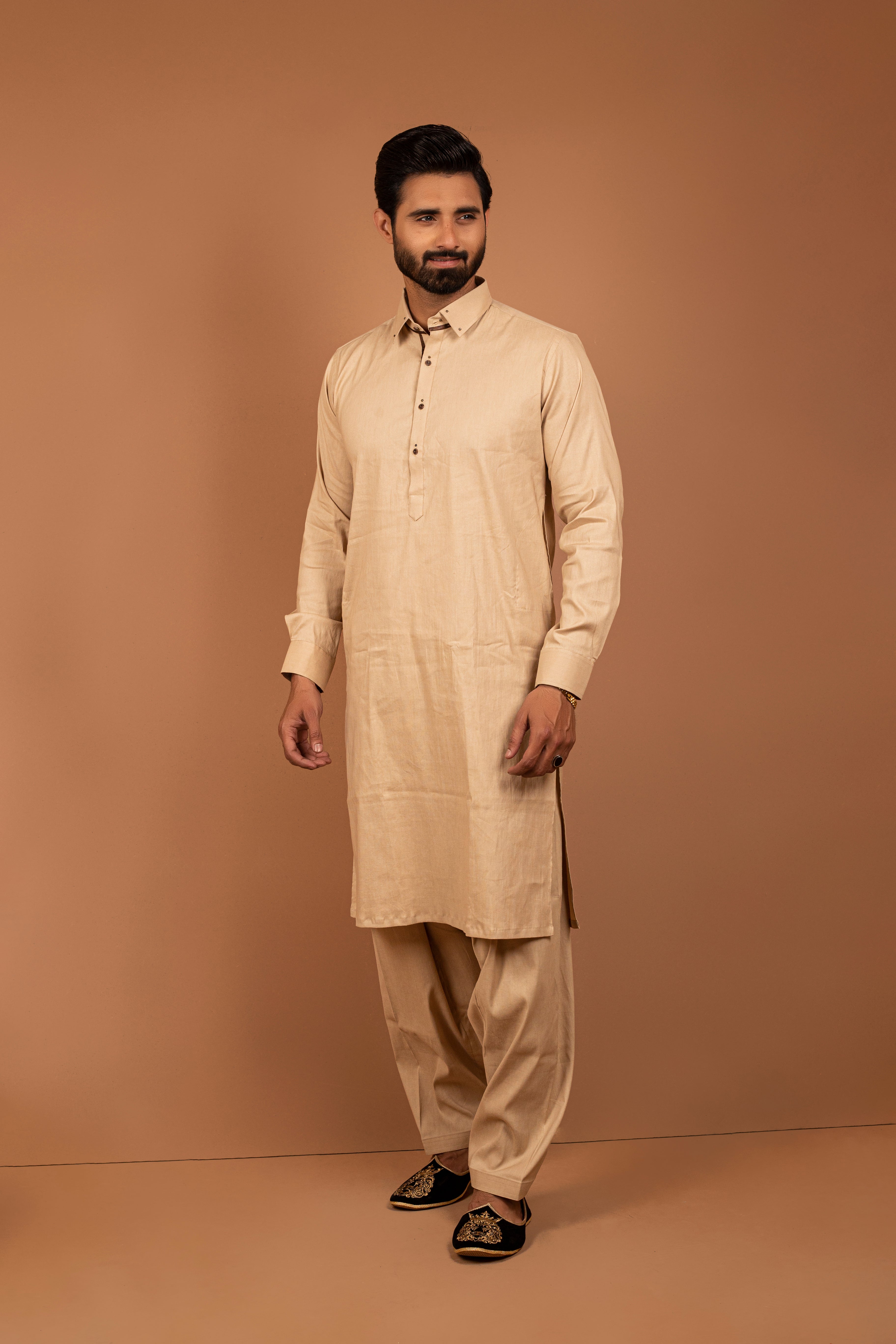 Beige Plain Cotton Kurta Shalwar (2-Piece) - Image 1