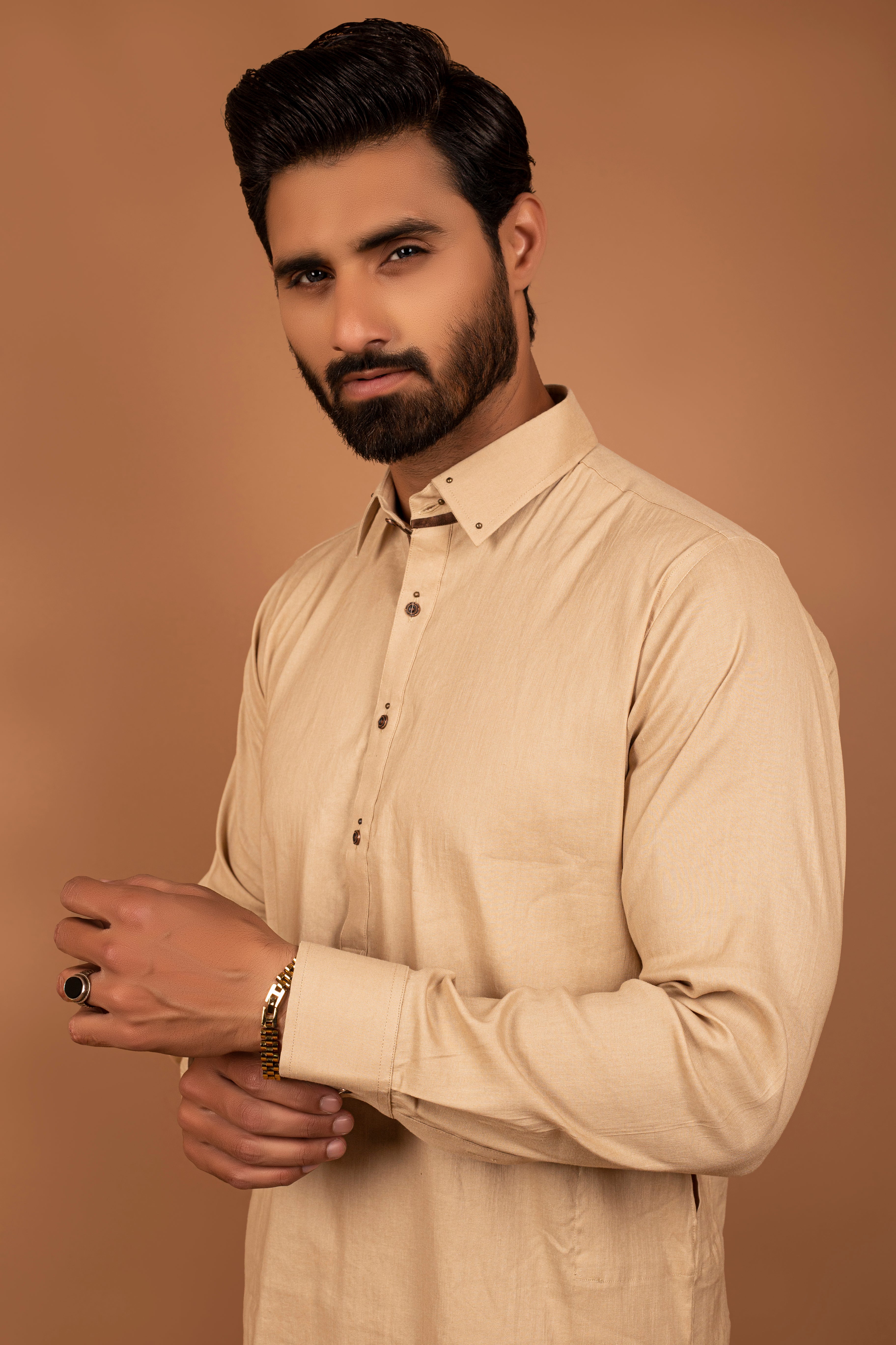 Beige Plain Cotton Kurta Shalwar (2-Piece) - Image 2