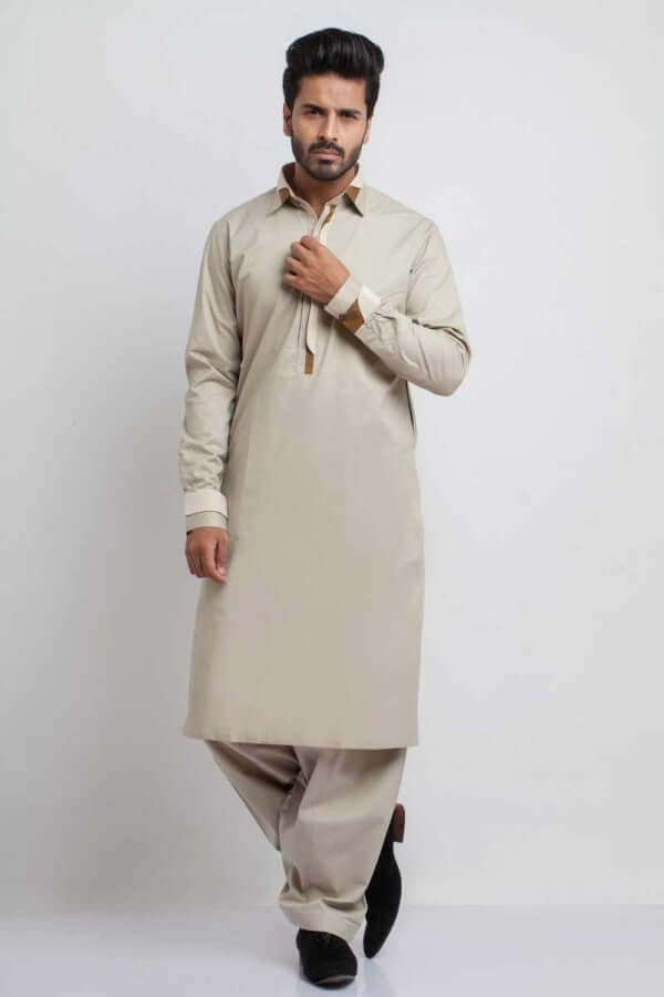 Beige Contrast Cotton Shalwar Kameez (2-Piece) - Image 1