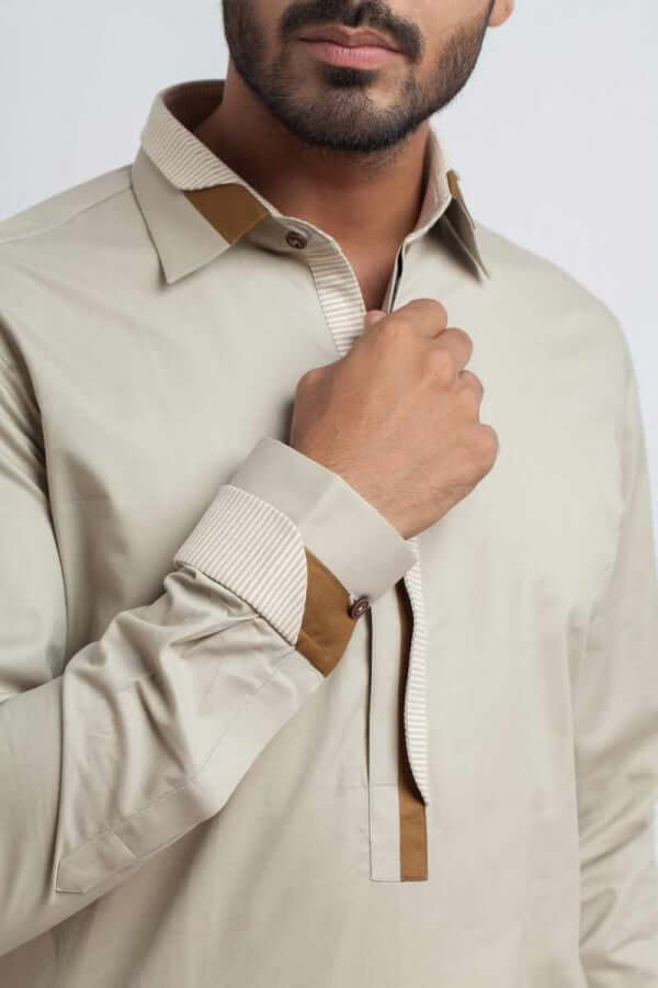 Beige Contrast Cotton Shalwar Kameez (2-Piece) - Image 3