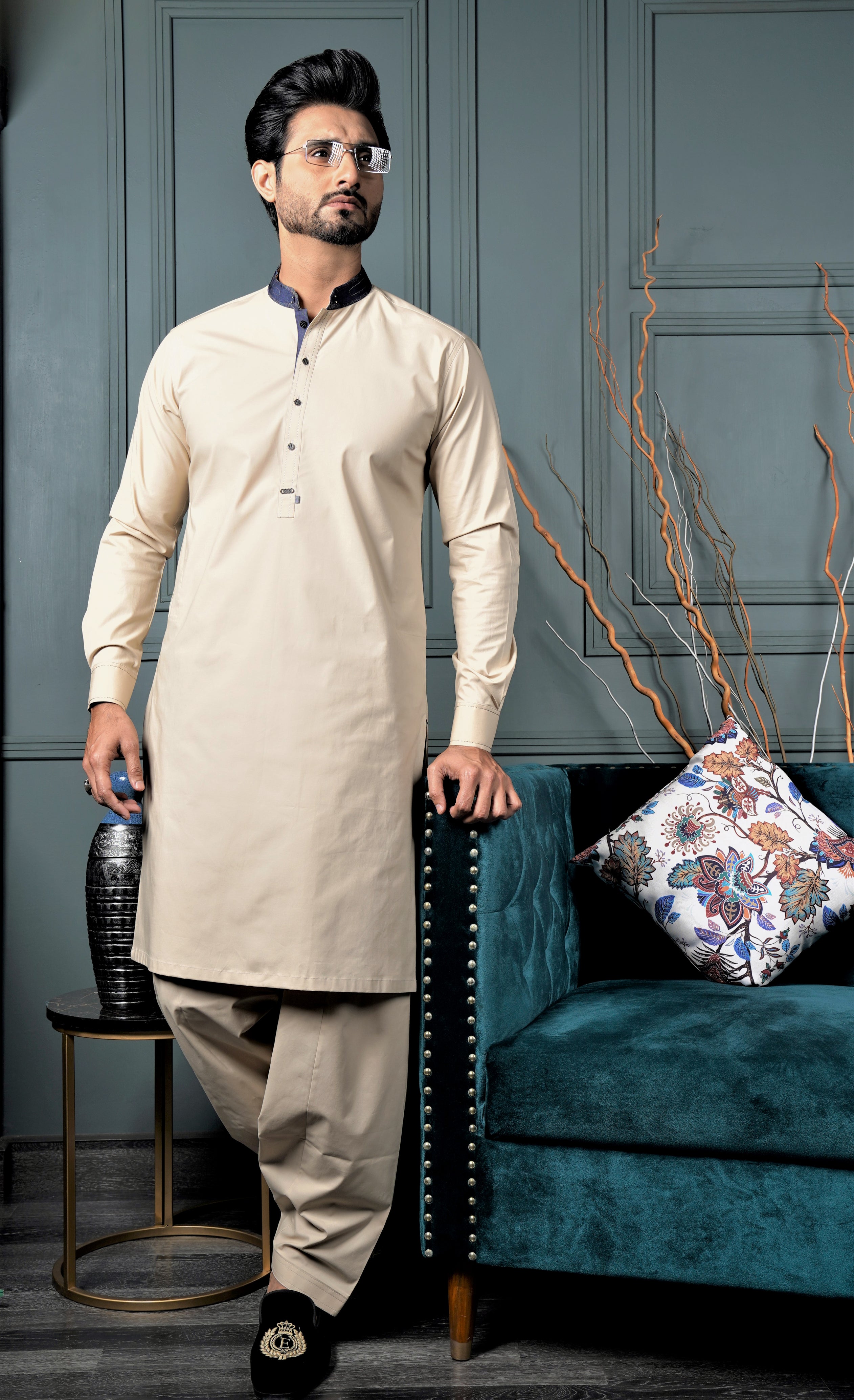 Beige Contrast Collar Hard Cotton Shalwar Kameez (2-Piece) - Image 1