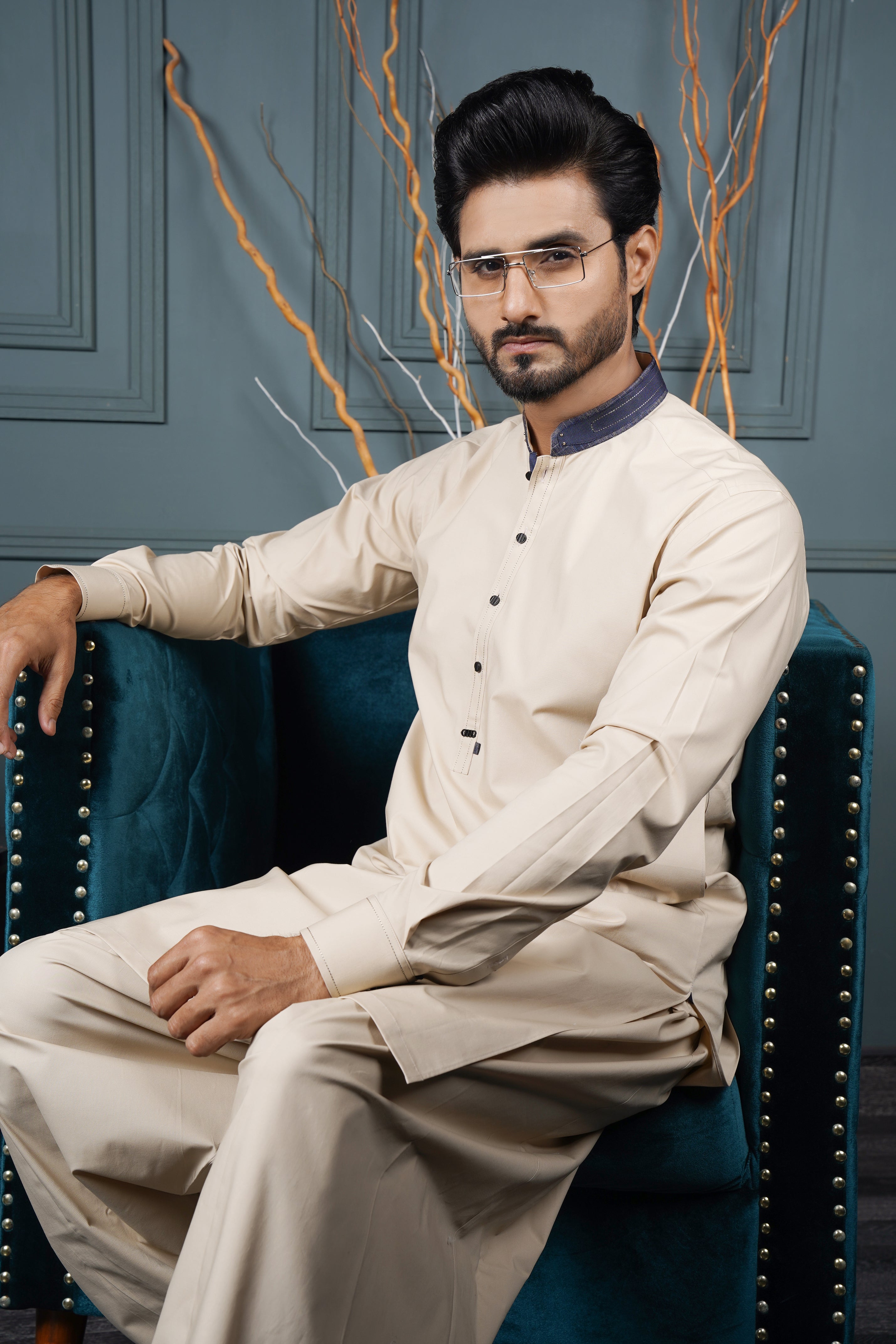 Beige Contrast Collar Hard Cotton Shalwar Kameez (2-Piece) - Image 2
