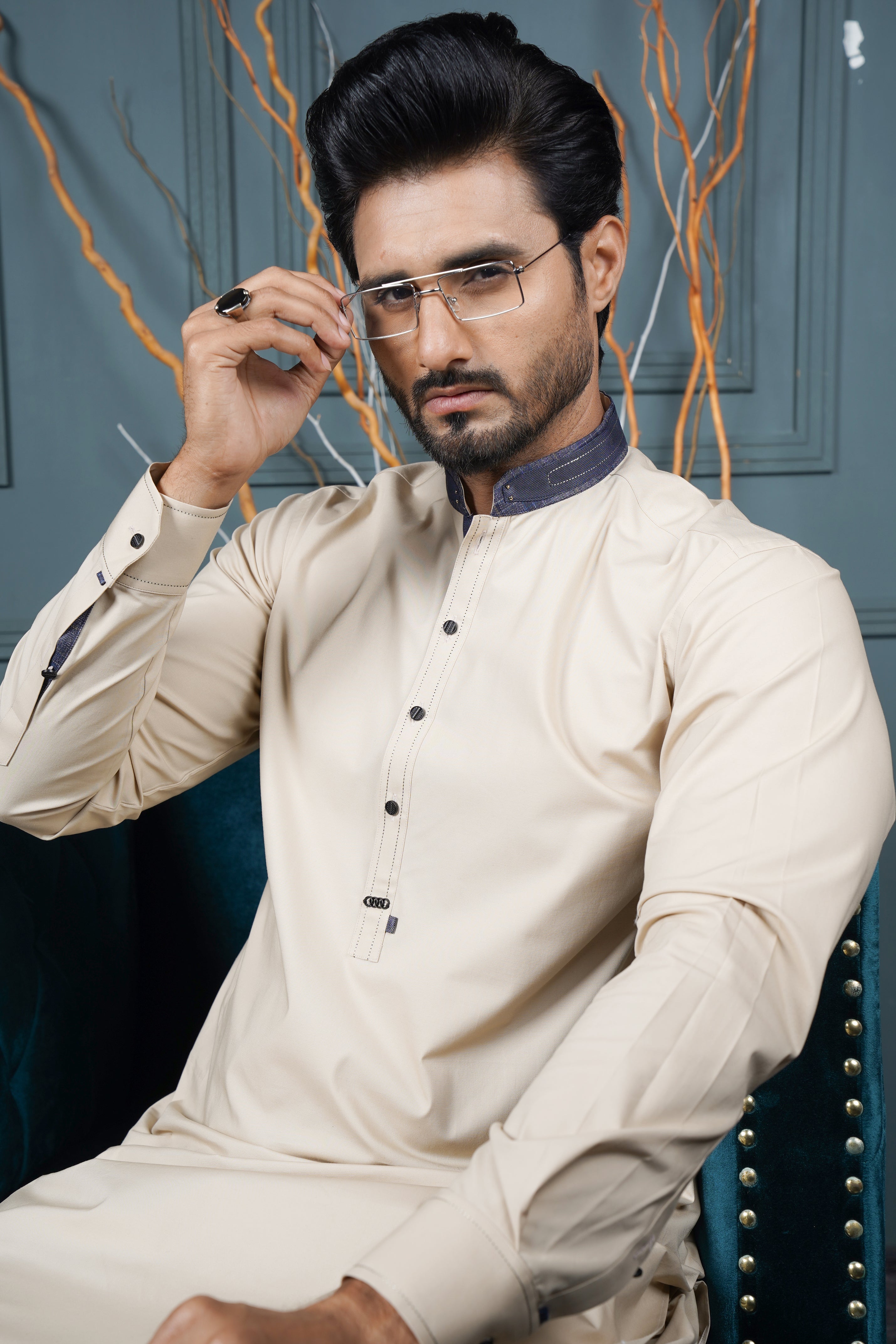 Beige Contrast Collar Hard Cotton Shalwar Kameez (2-Piece) - Image 3