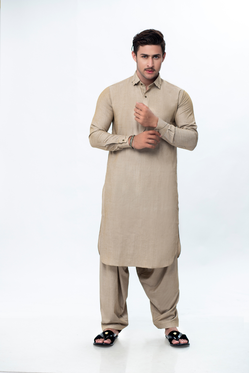 Beige Textured Plain Weave Shalwar Kameez (2-Piece) - Image 1