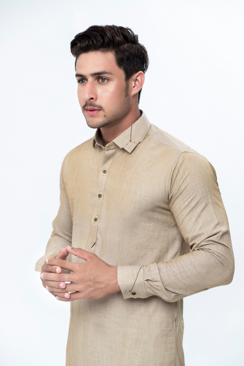 Beige Textured Plain Weave Shalwar Kameez (2-Piece) - Image 2