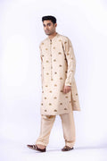 Beige Embroidered Silk Cotton Kurta with Shalwar (3-Piece) - Image 2