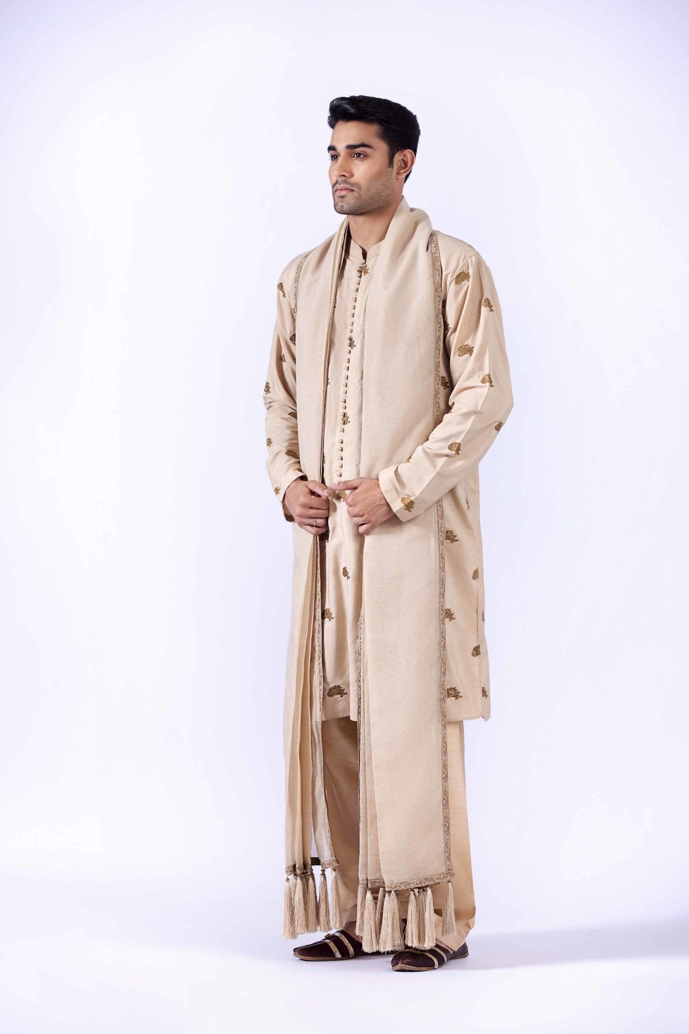 Beige Embroidered Silk Cotton Kurta with Shalwar (3-Piece) - Image 3
