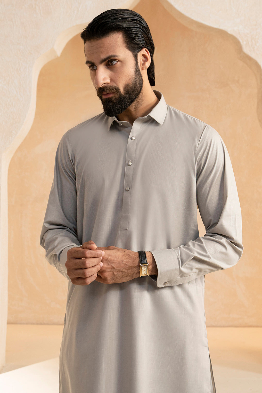 Beige Slub Textured Shalwar Kameez (2-Piece) - Image 1