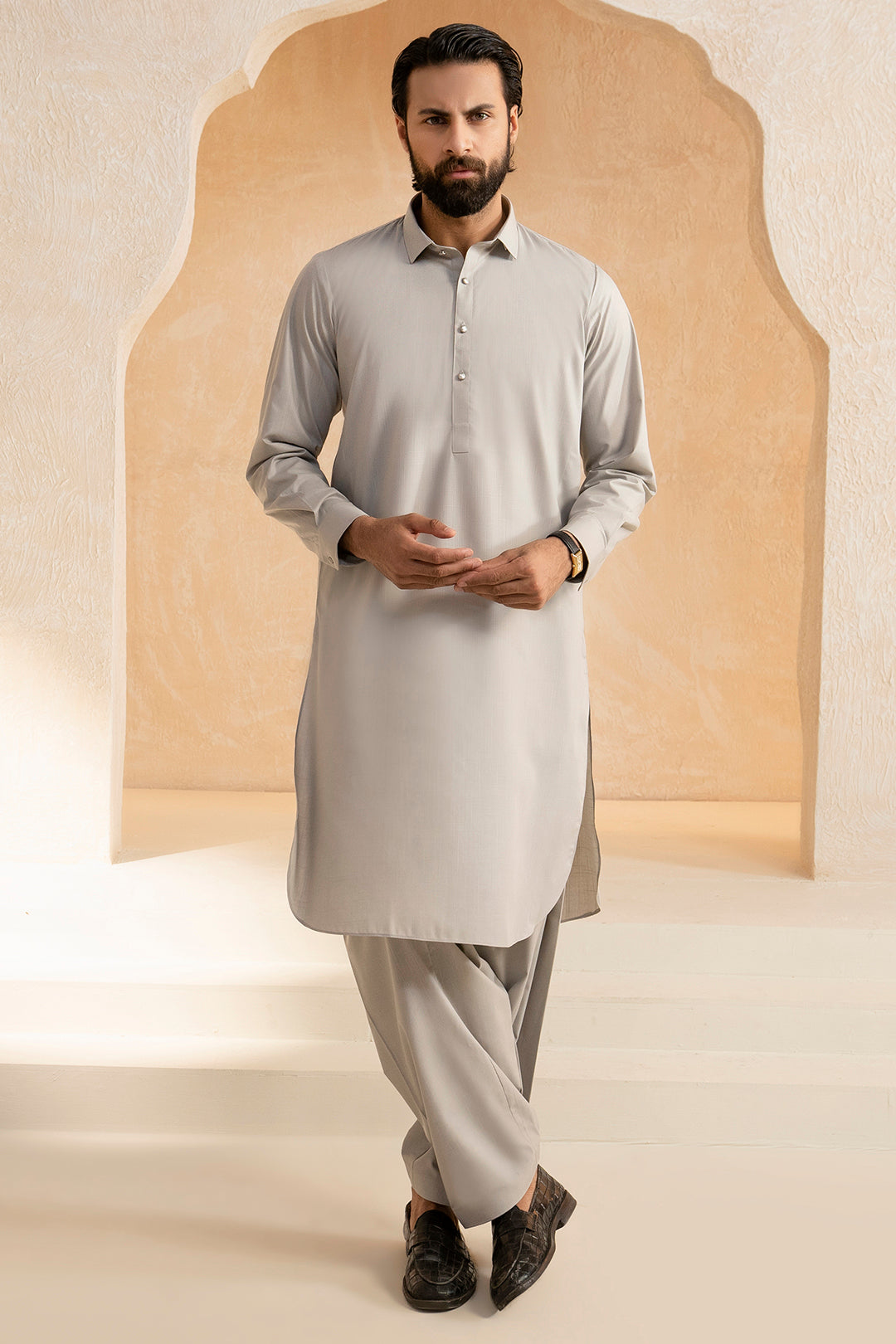 Beige Slub Textured Shalwar Kameez (2-Piece) - Image 3