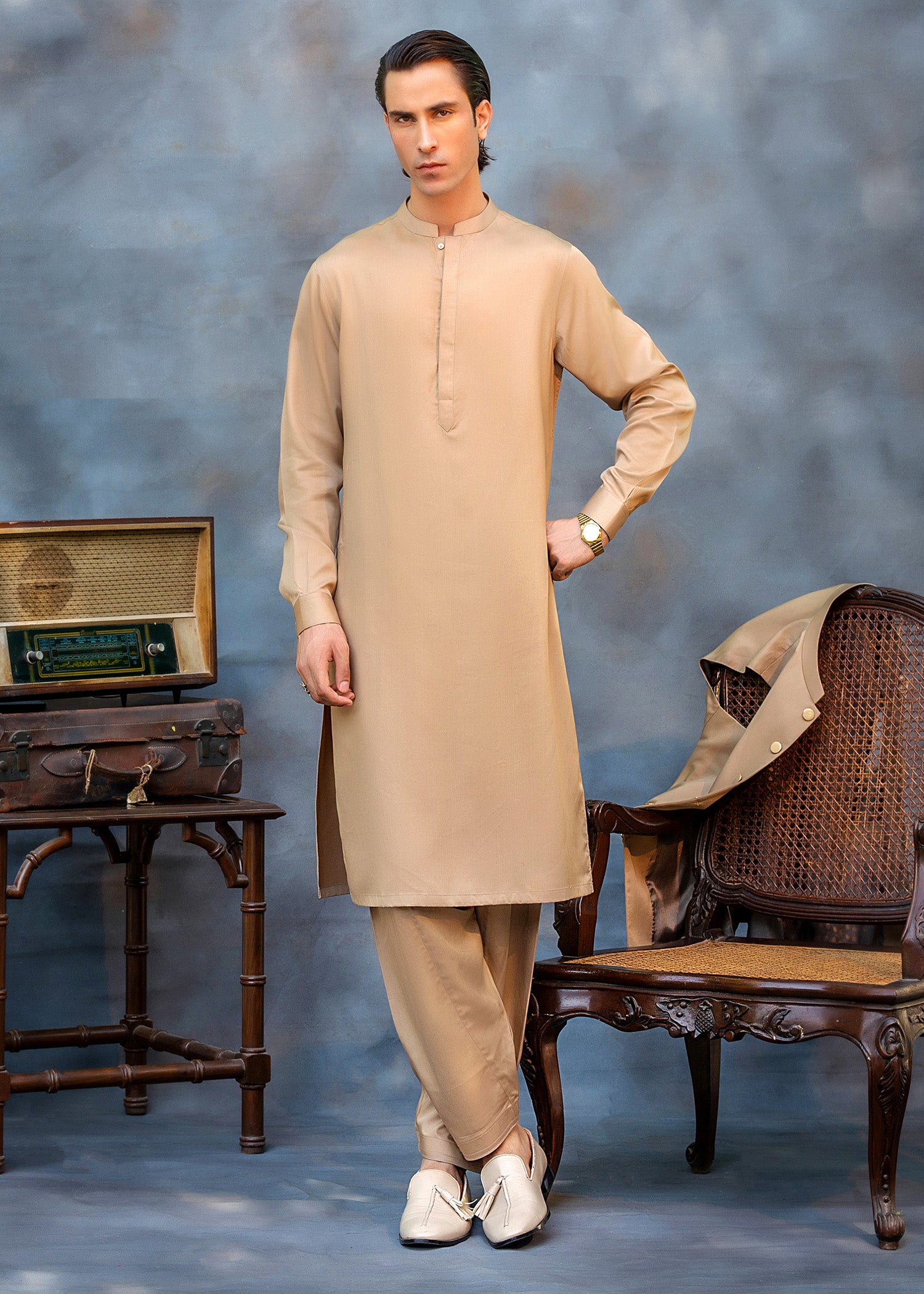 Brown Beige Ari Work Premium Suiting Shalwar Kameez (2-Piece) - Image 1