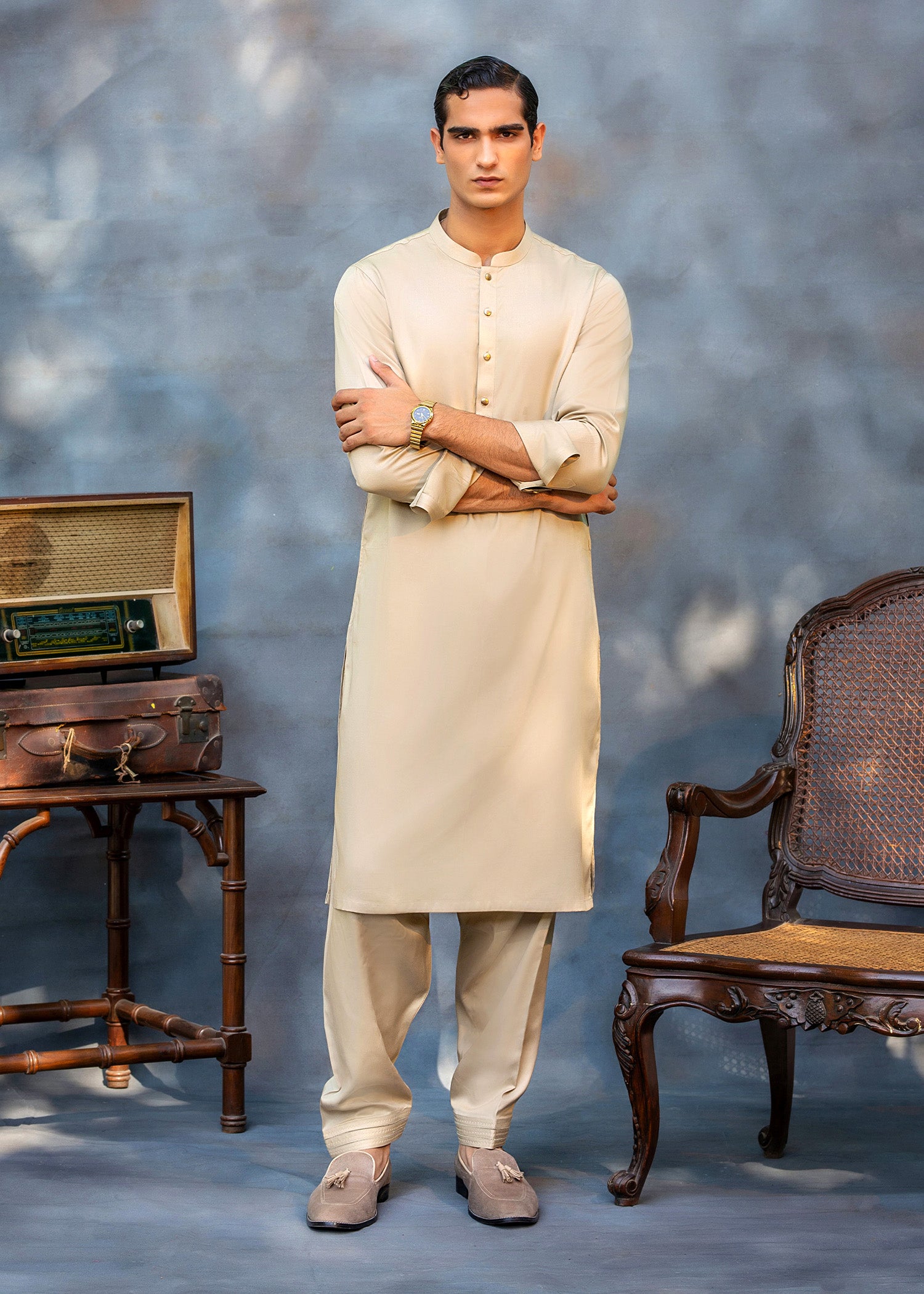 Camel Beige Ari Work Premium Suiting Kurta Shalwar (2-Piece) - Image 1