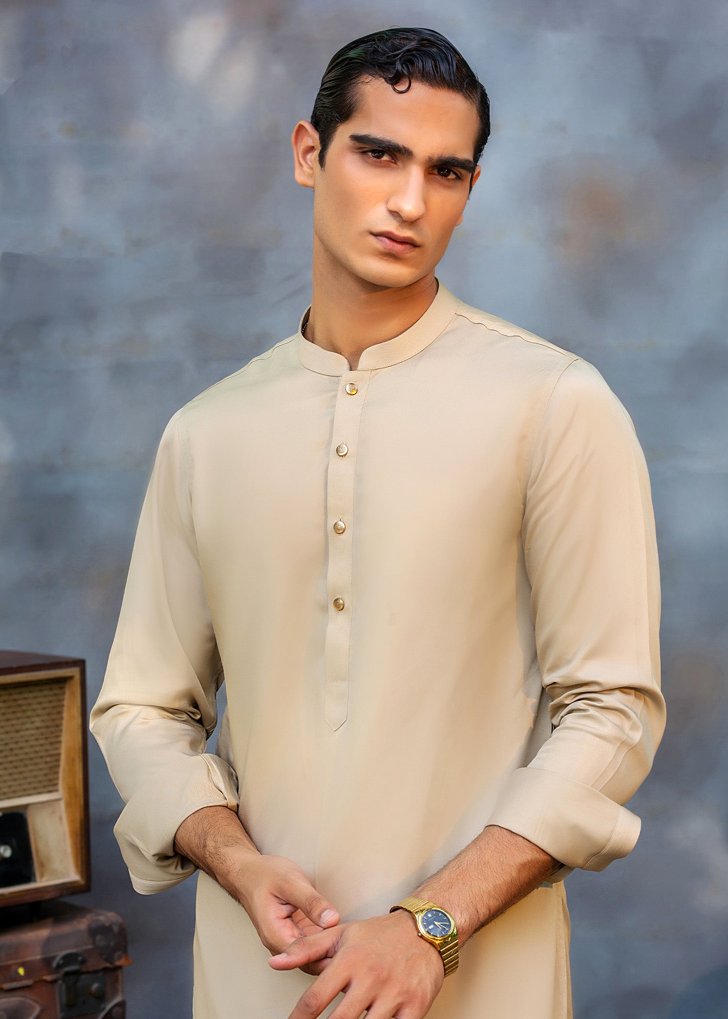 Camel Beige Ari Work Premium Suiting Kurta Shalwar (2-Piece) - Image 2