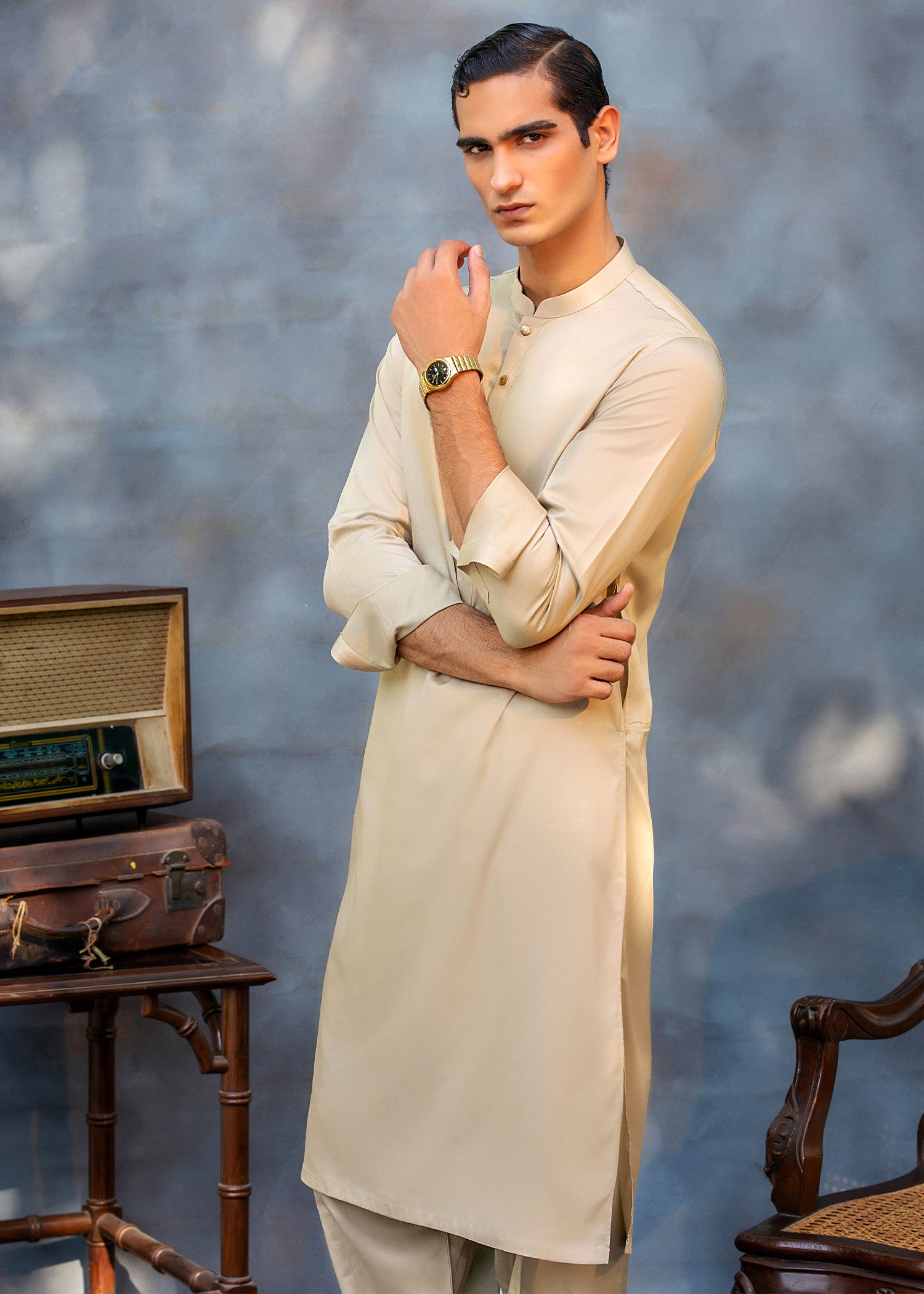 Camel Beige Ari Work Premium Suiting Kurta Shalwar (2-Piece) - Image 3