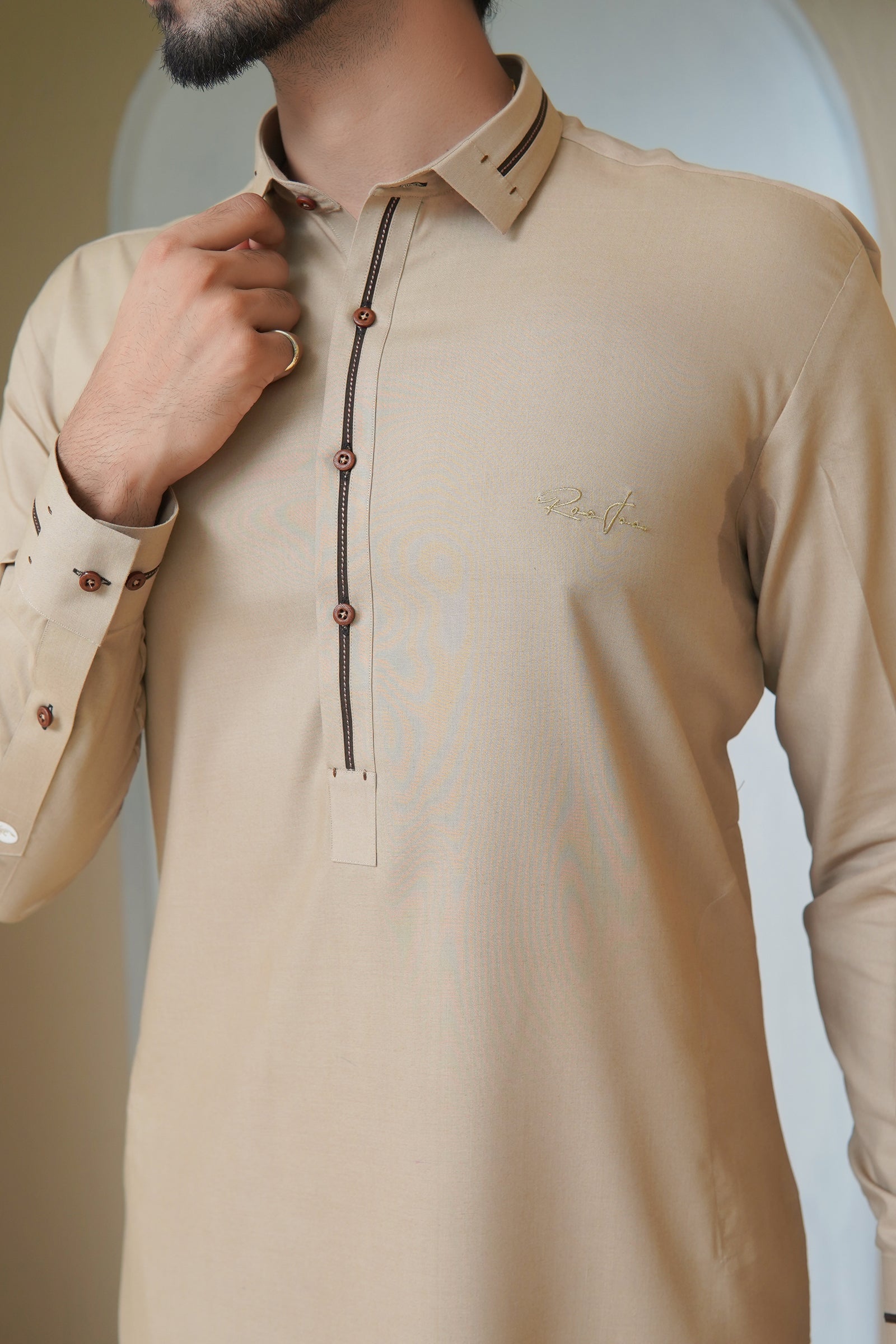 Warm Beige Embroidered Wash & Wear Shalwar Kameez (2-Piece) - Image 2