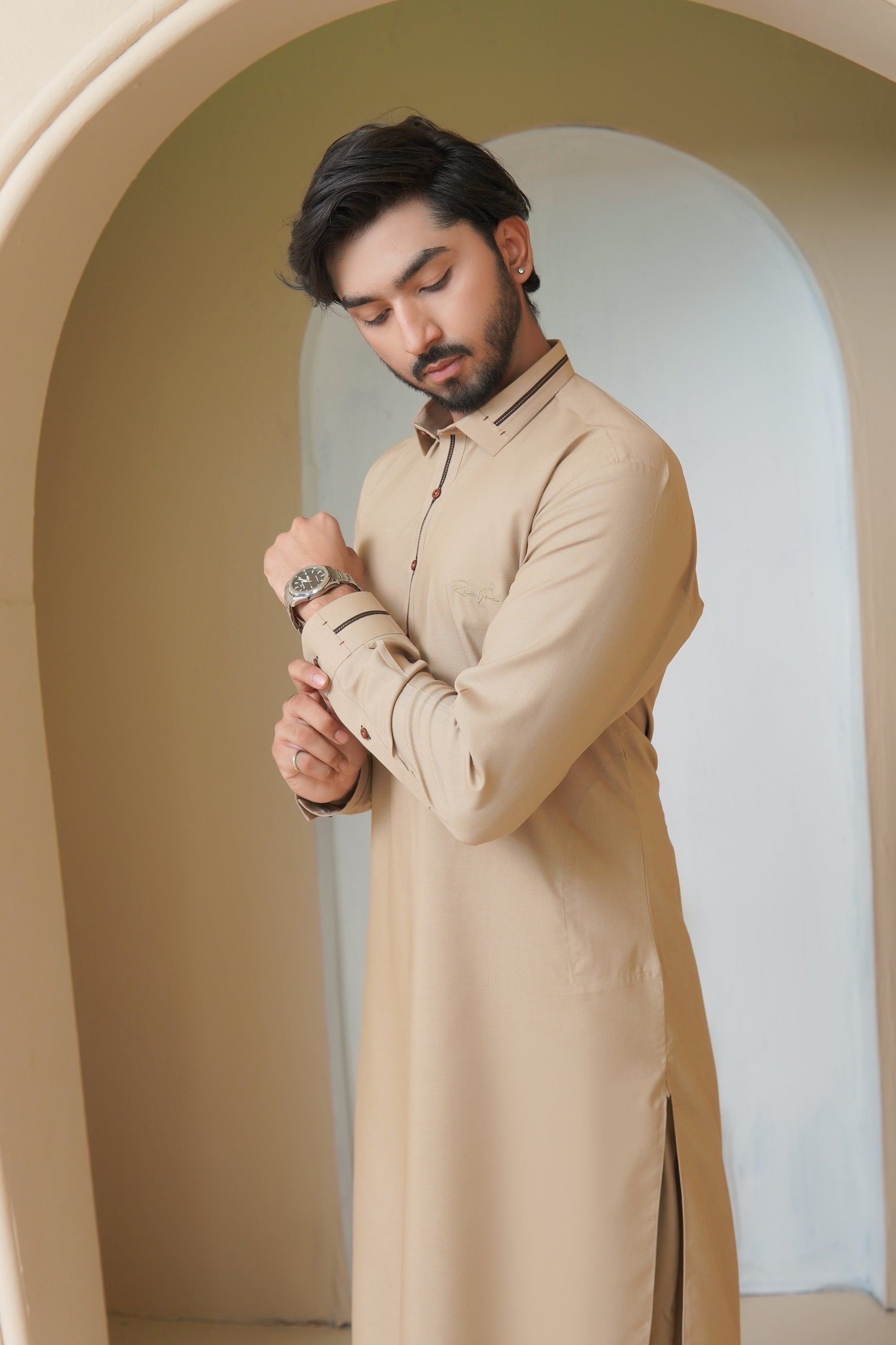 Warm Beige Embroidered Wash & Wear Shalwar Kameez (2-Piece) - Image 3