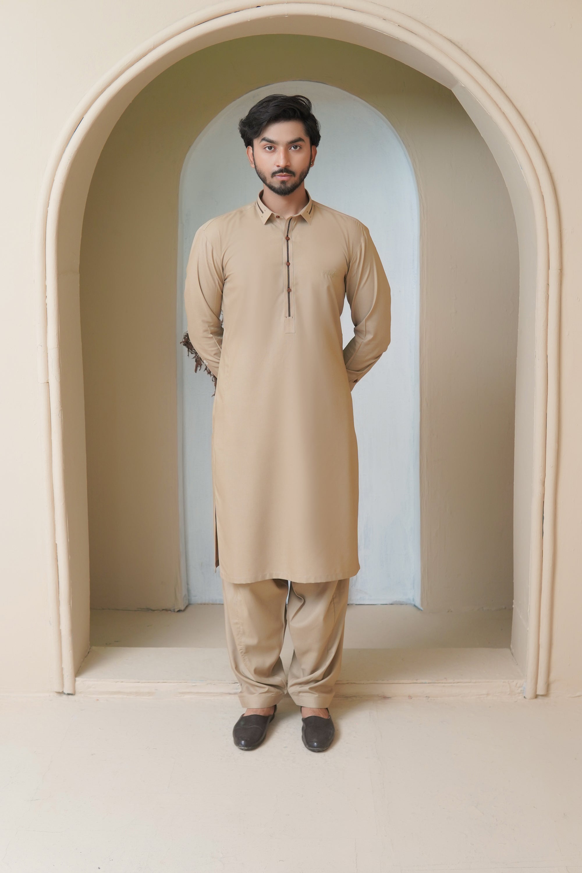 Warm Beige Embroidered Wash & Wear Shalwar Kameez (2-Piece) - Image 4
