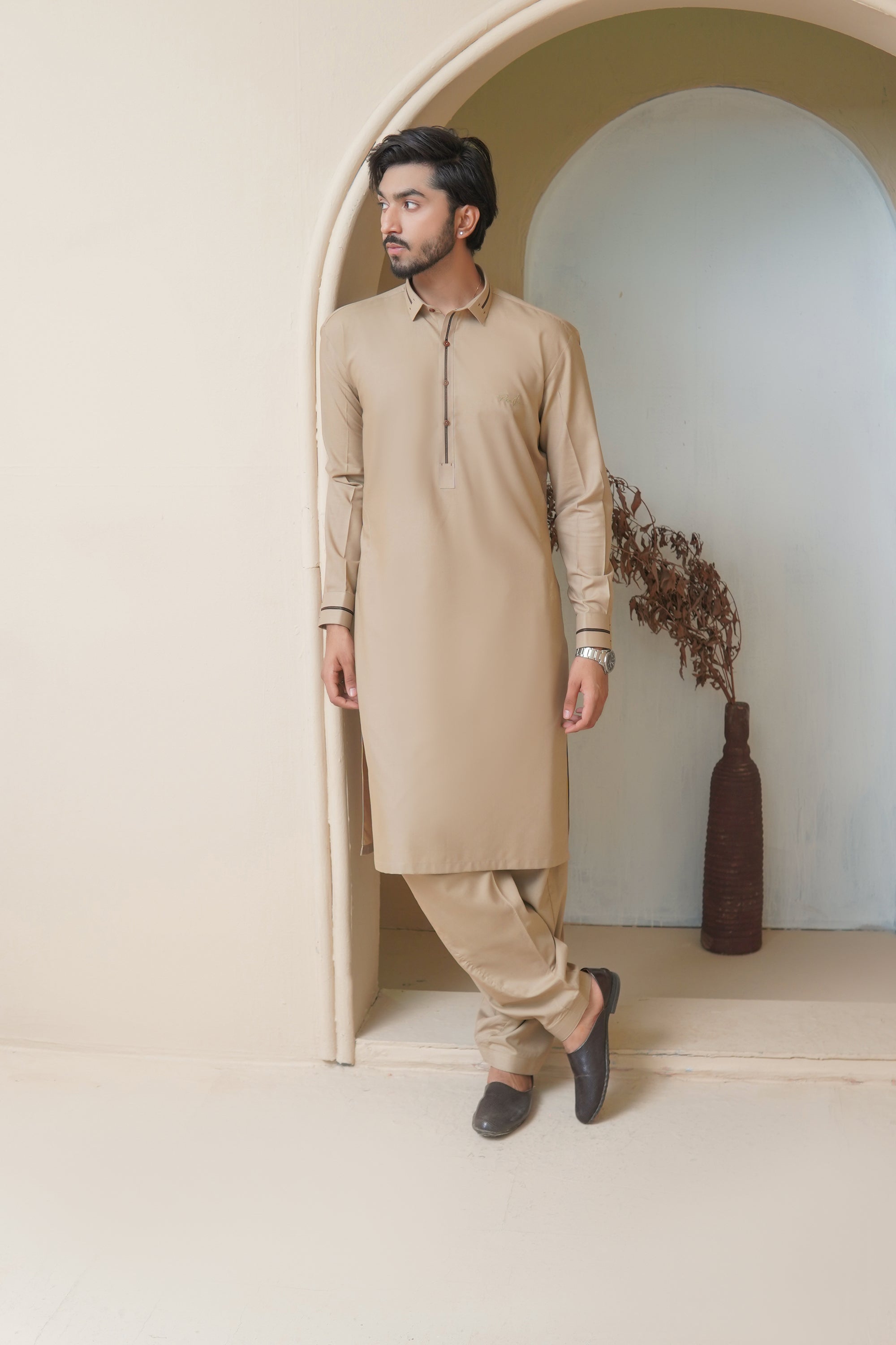 Warm Beige Embroidered Wash & Wear Shalwar Kameez (2-Piece) - Image 5