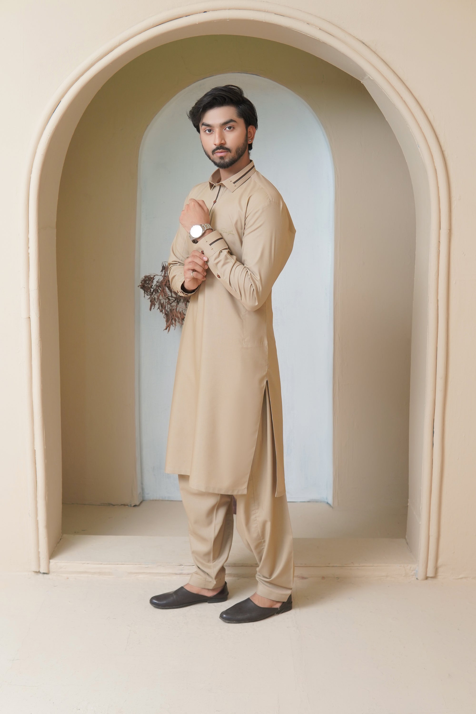 Warm Beige Embroidered Wash & Wear Shalwar Kameez (2-Piece) - Image 6