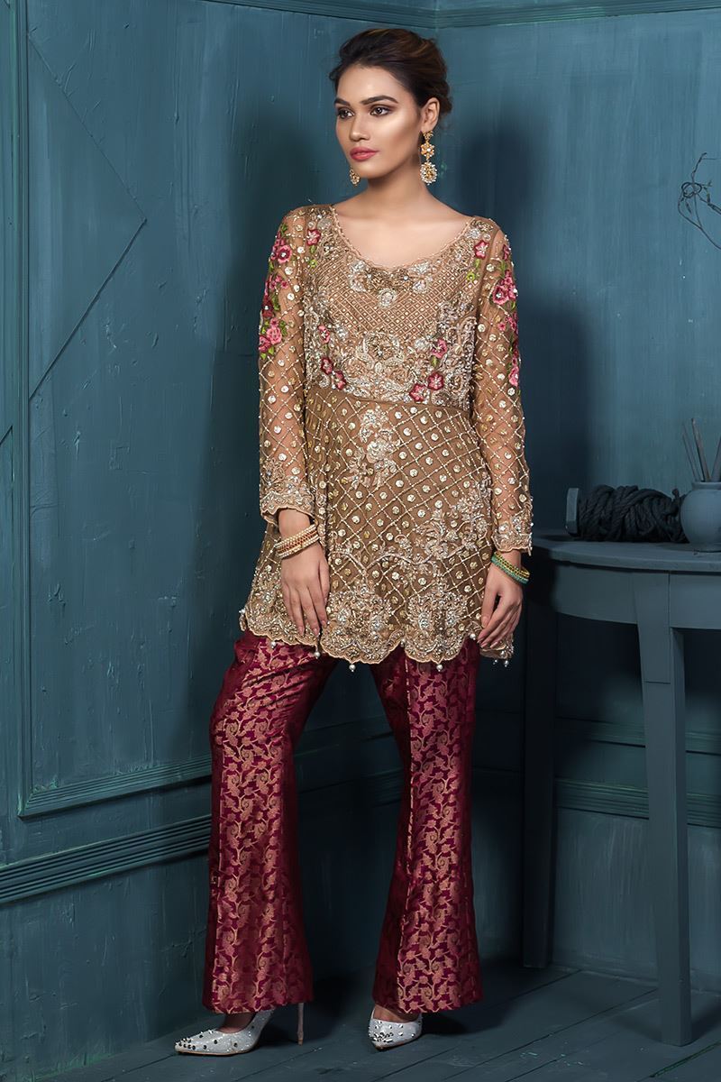 Pakistani Beige Embroidered Net Peplum with Jamawar Trousers (2-Piece) - Image 1