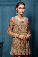 Pakistani Beige Embroidered Net Peplum with Jamawar Trousers (2-Piece) - Image 3