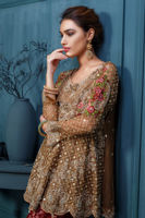 Pakistani Beige Embroidered Net Peplum with Jamawar Trousers (2-Piece) - Image 4