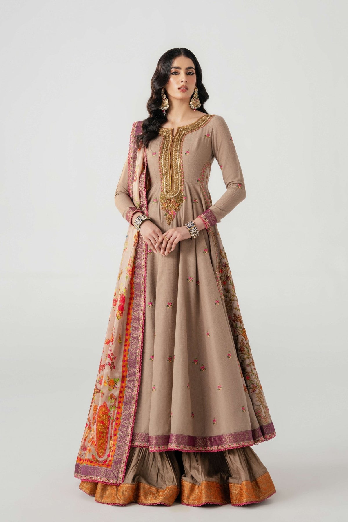 Taupe Embroidered Lawn Anarkali Pishwas (3-Piece) - Image 1