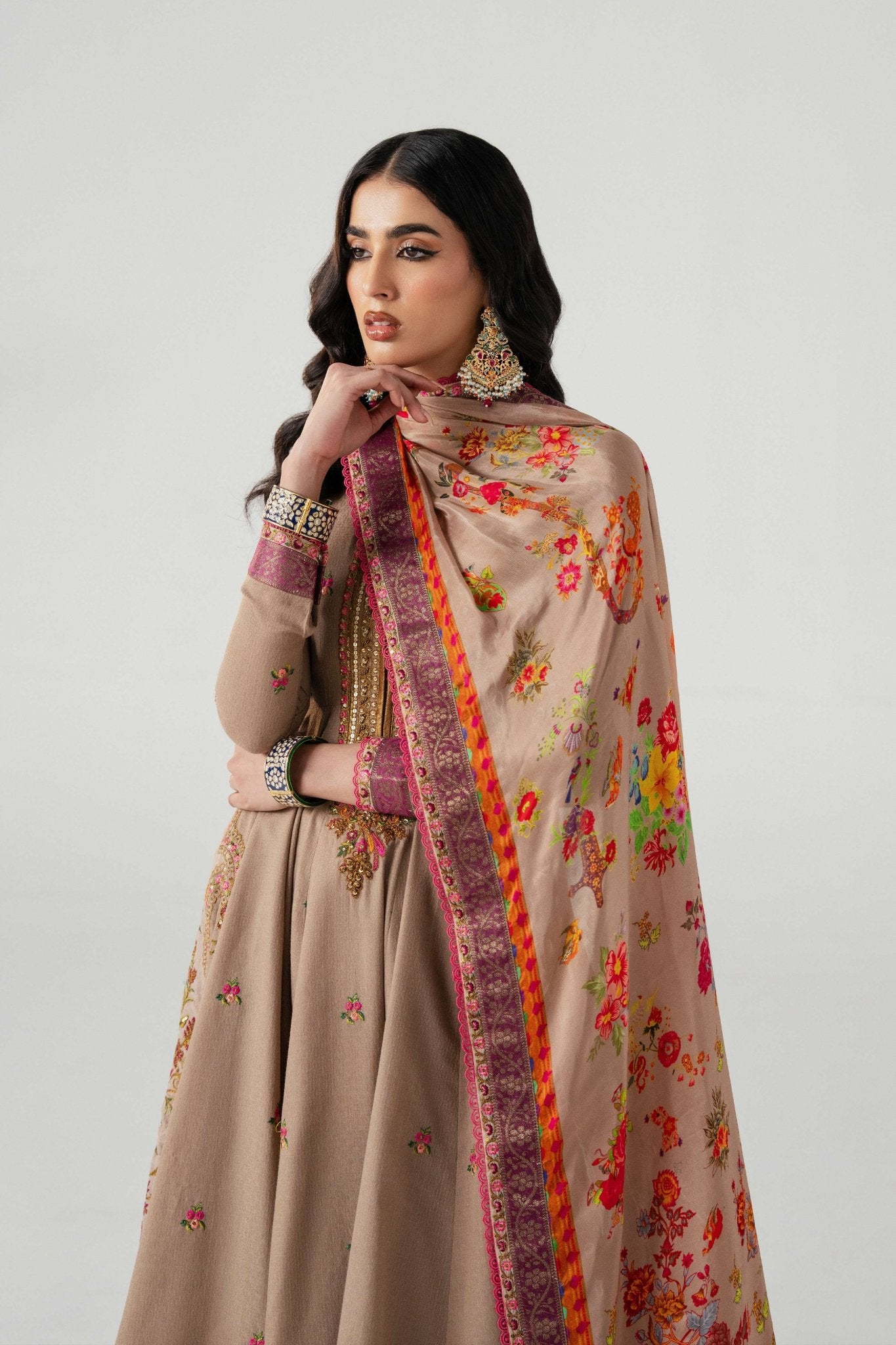 Taupe Embroidered Lawn Anarkali Pishwas (3-Piece) - Image 3