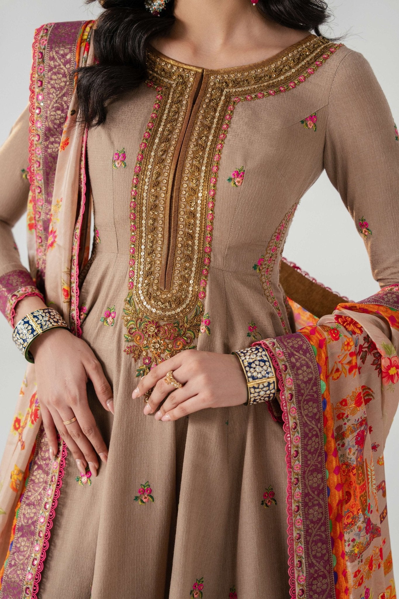 Taupe Embroidered Lawn Anarkali Pishwas (3-Piece) - Image 4