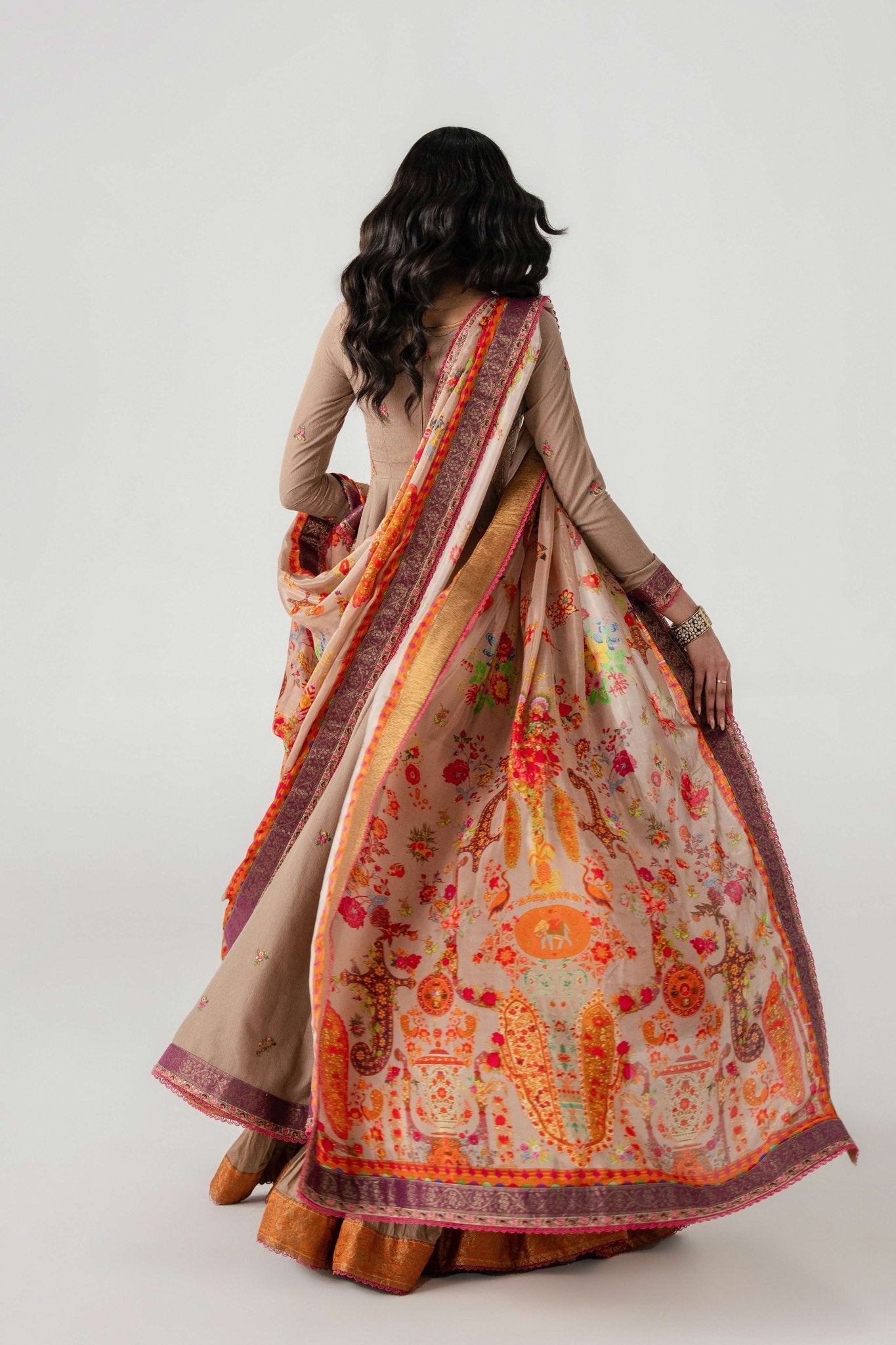 Taupe Embroidered Lawn Anarkali Pishwas (3-Piece) - Image 6