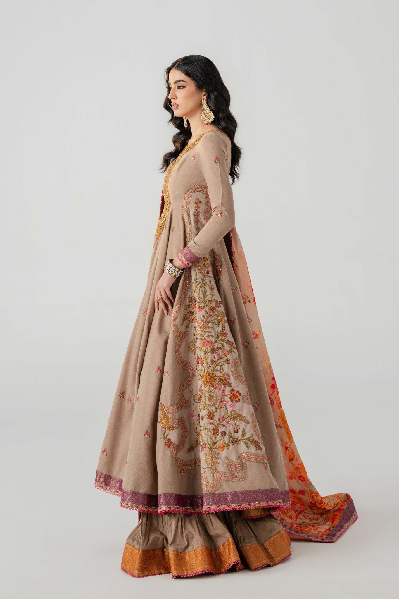 Taupe Embroidered Lawn Anarkali Pishwas (3-Piece) - Image 7