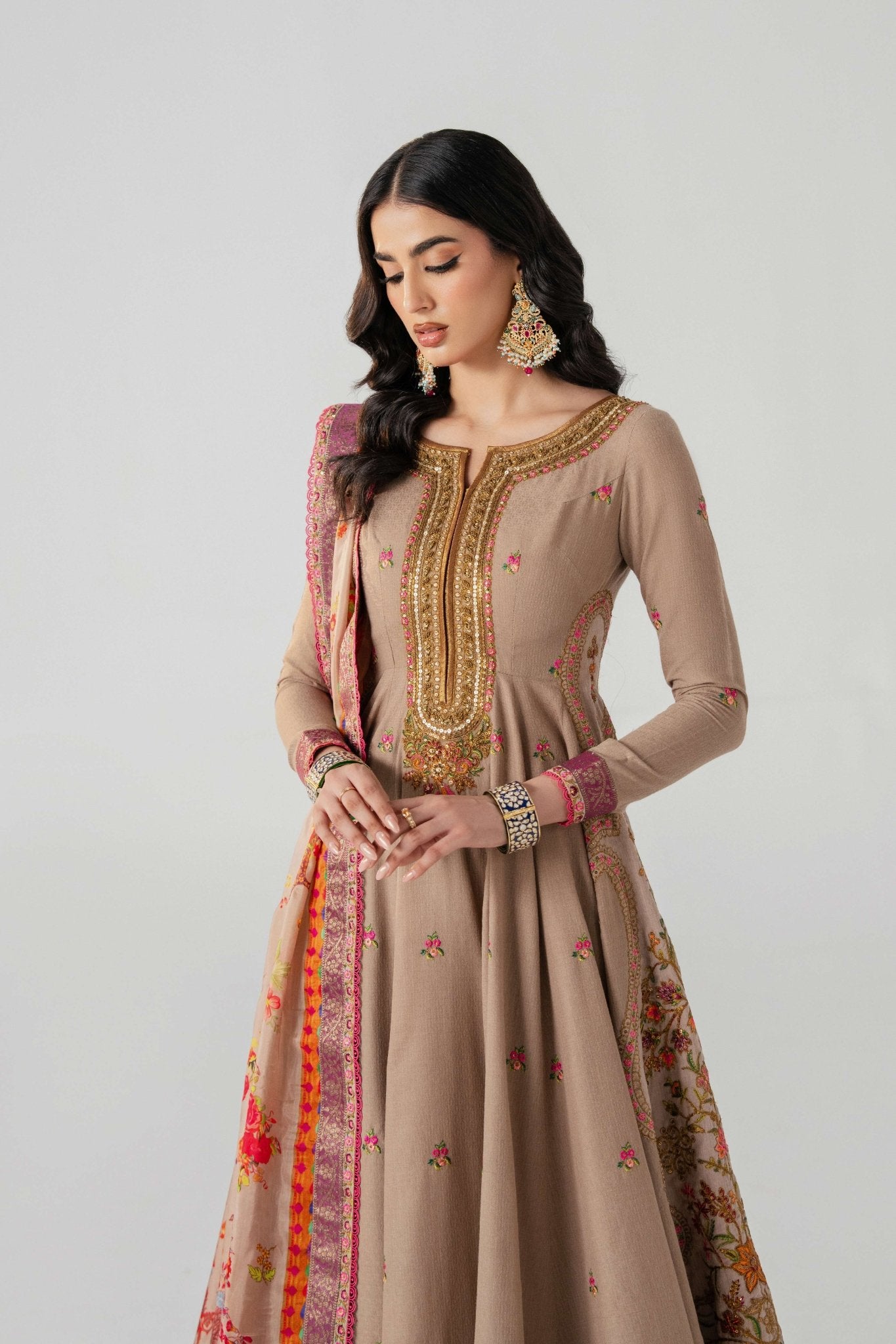 Taupe Embroidered Lawn Anarkali Pishwas (3-Piece) - Image 8