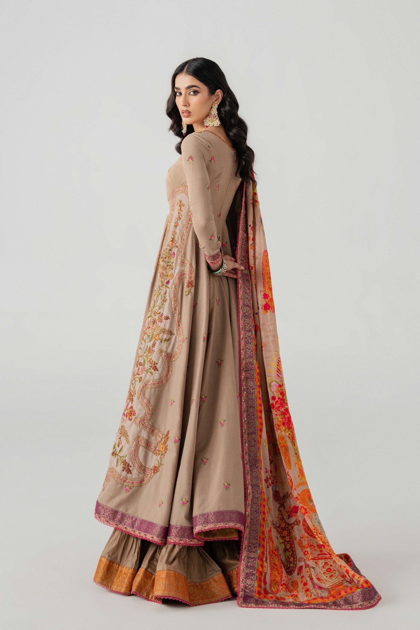 Taupe Embroidered Lawn Anarkali Pishwas (3-Piece) - Image 9