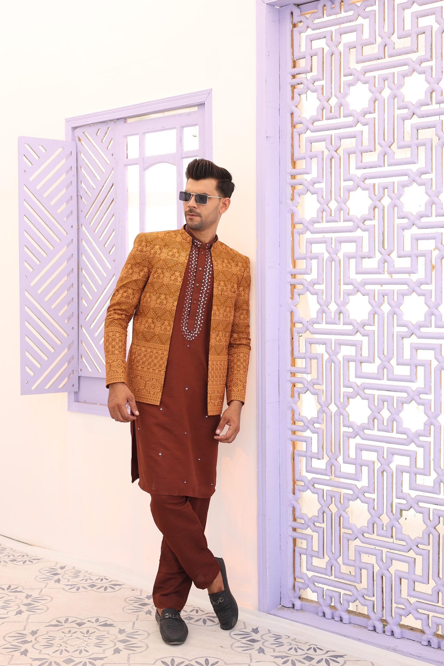 Fawn Embroidered Raw Silk Prince Coat (2-Piece) - Image 1