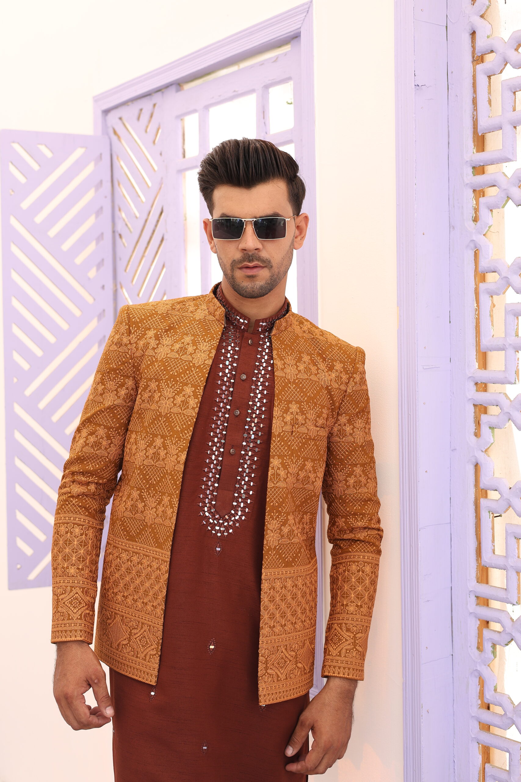 Fawn Embroidered Raw Silk Prince Coat (2-Piece) - Image 2