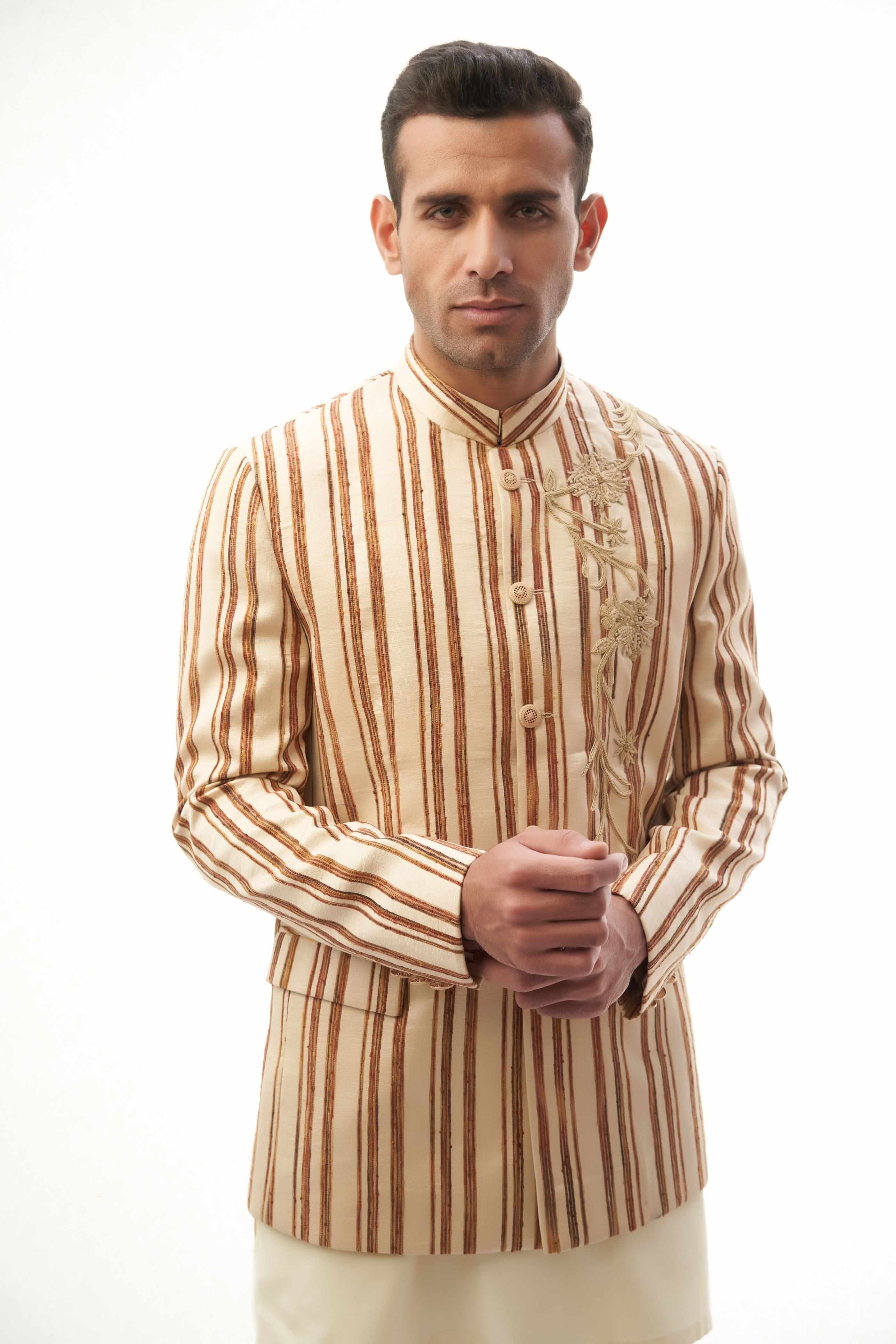 Beige & Brown Embroidered Silk-Blend Prince Jacket (3-Piece) - Image 1