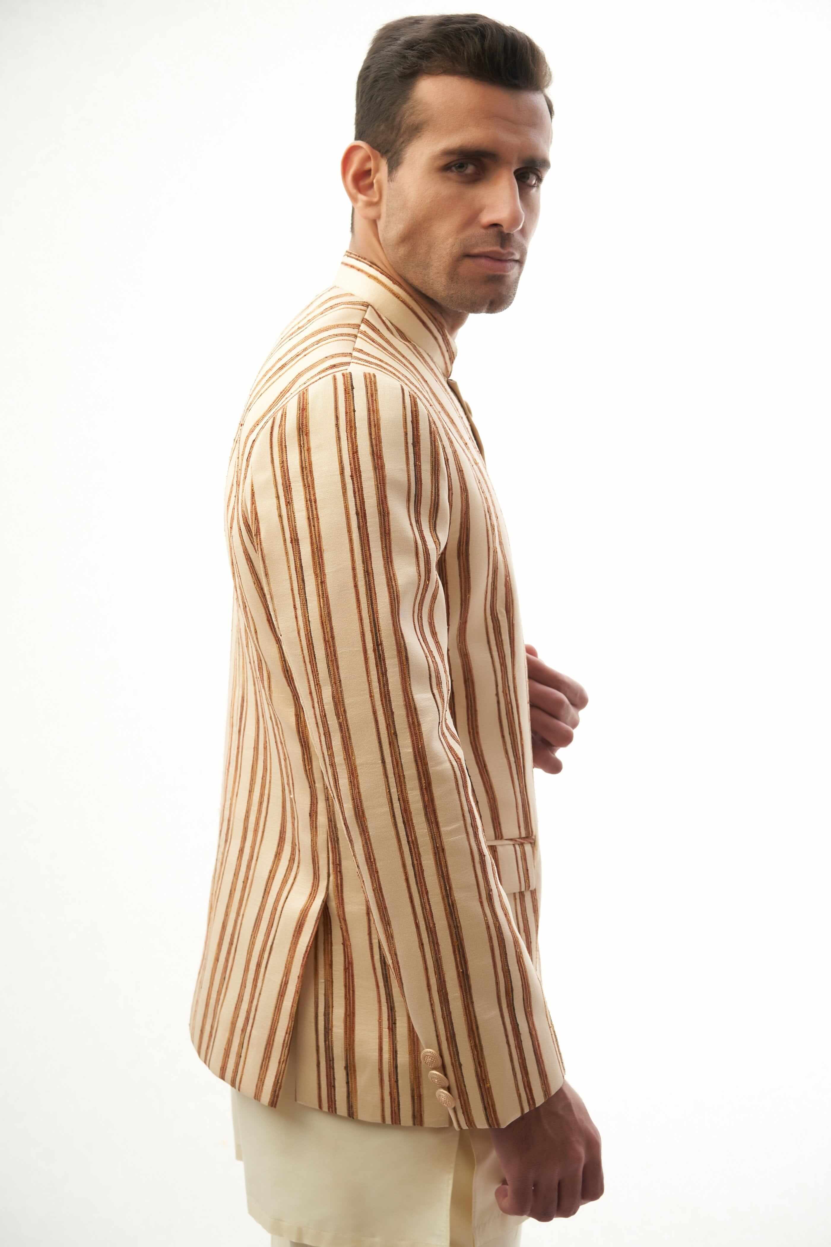 Beige & Brown Embroidered Silk-Blend Prince Jacket (3-Piece) - Image 2