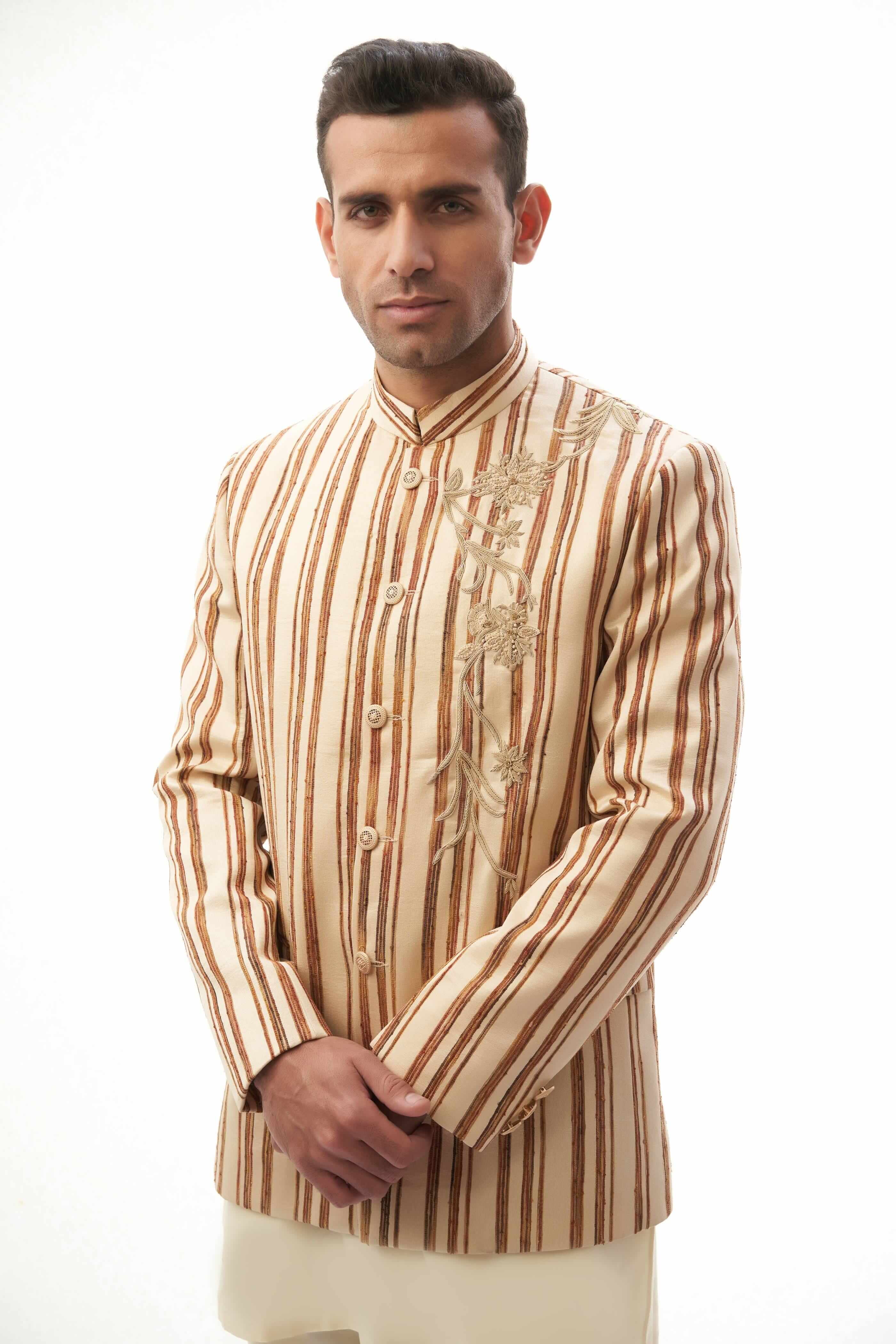 Beige & Brown Embroidered Silk-Blend Prince Jacket (3-Piece) - Image 3