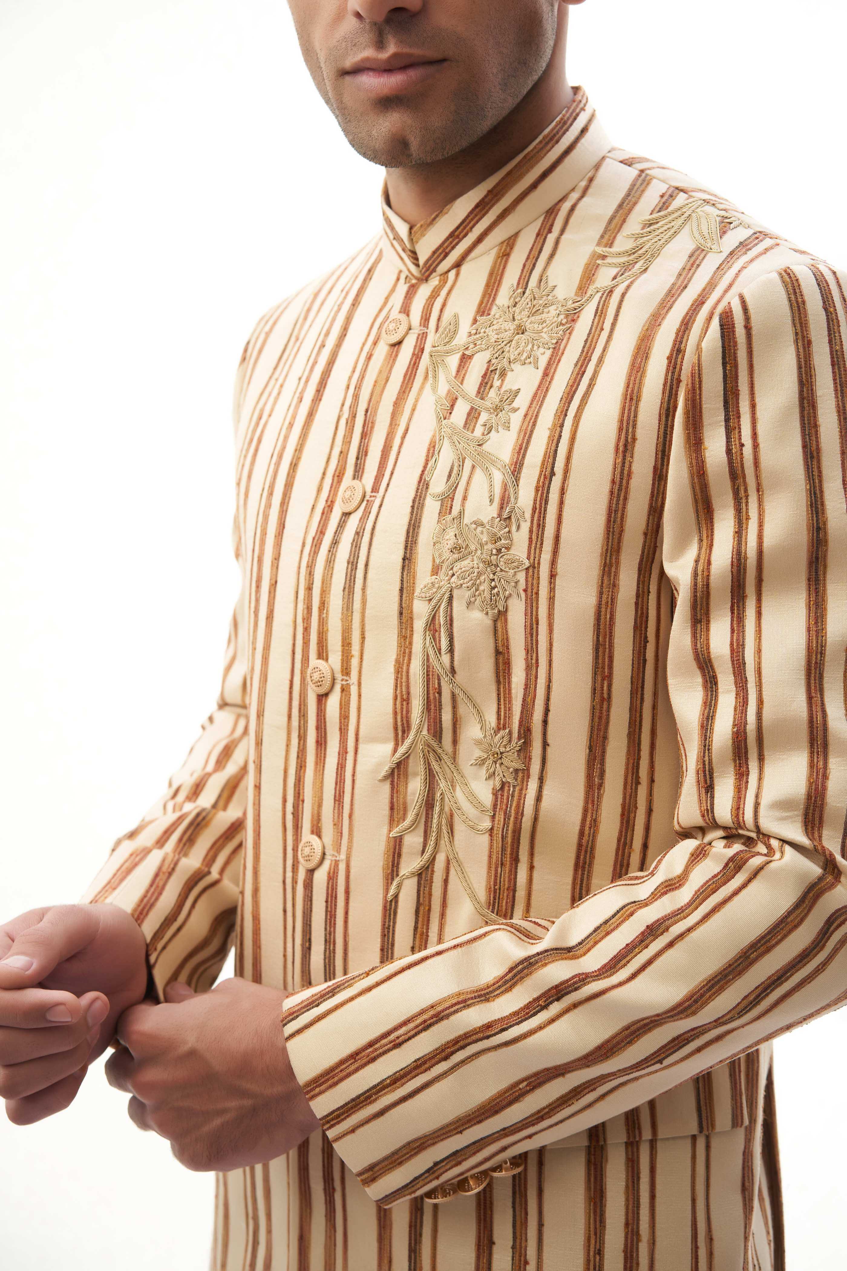 Beige & Brown Embroidered Silk-Blend Prince Jacket (3-Piece) - Image 4