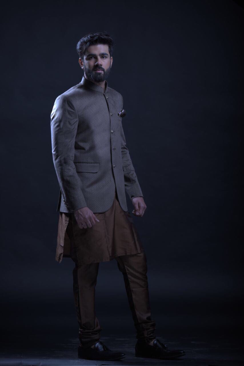 Beige Printed Velvet Prince Coat (1-Pc) - Image 1