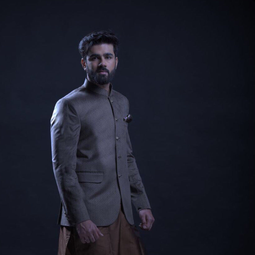 Beige Printed Velvet Prince Coat (1-Pc) - Image 2