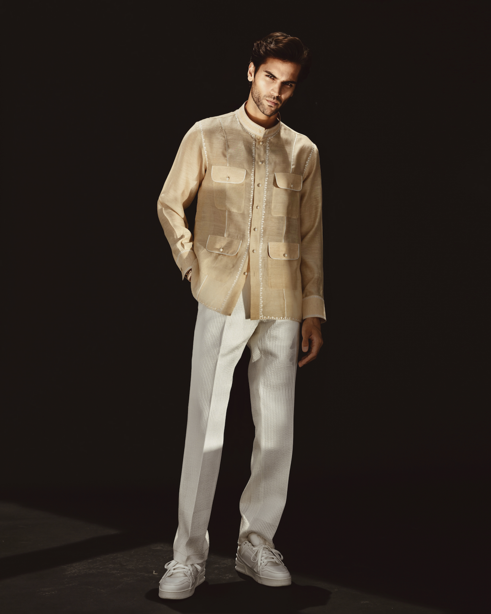 Beige Sheer Safari Shirt with White Trousers (2-Piece) - Image 1