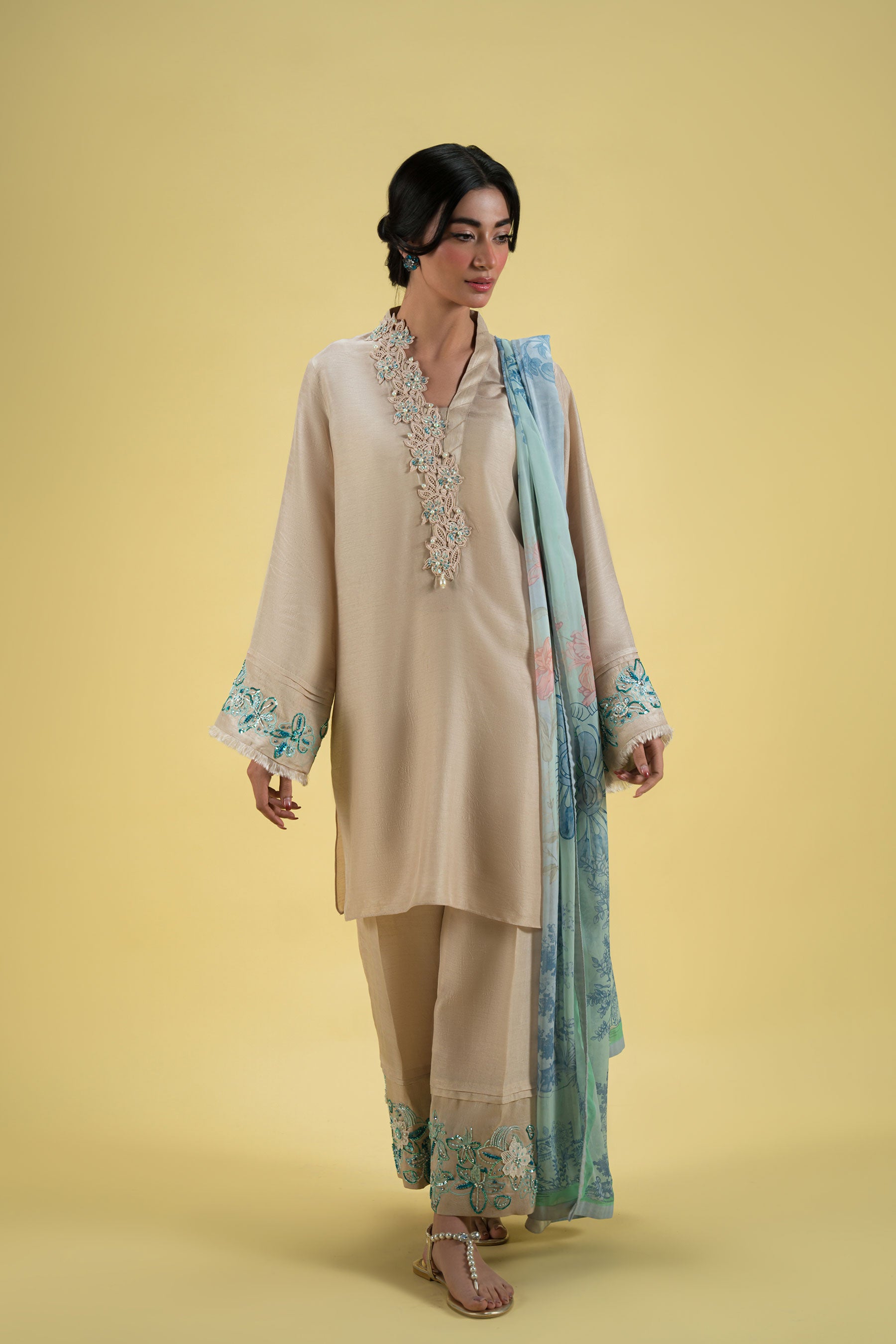 Pakistani Pastel Beige Hand-Embellished Blended Silk Salwar Kameez (3-Piece) - Image 1
