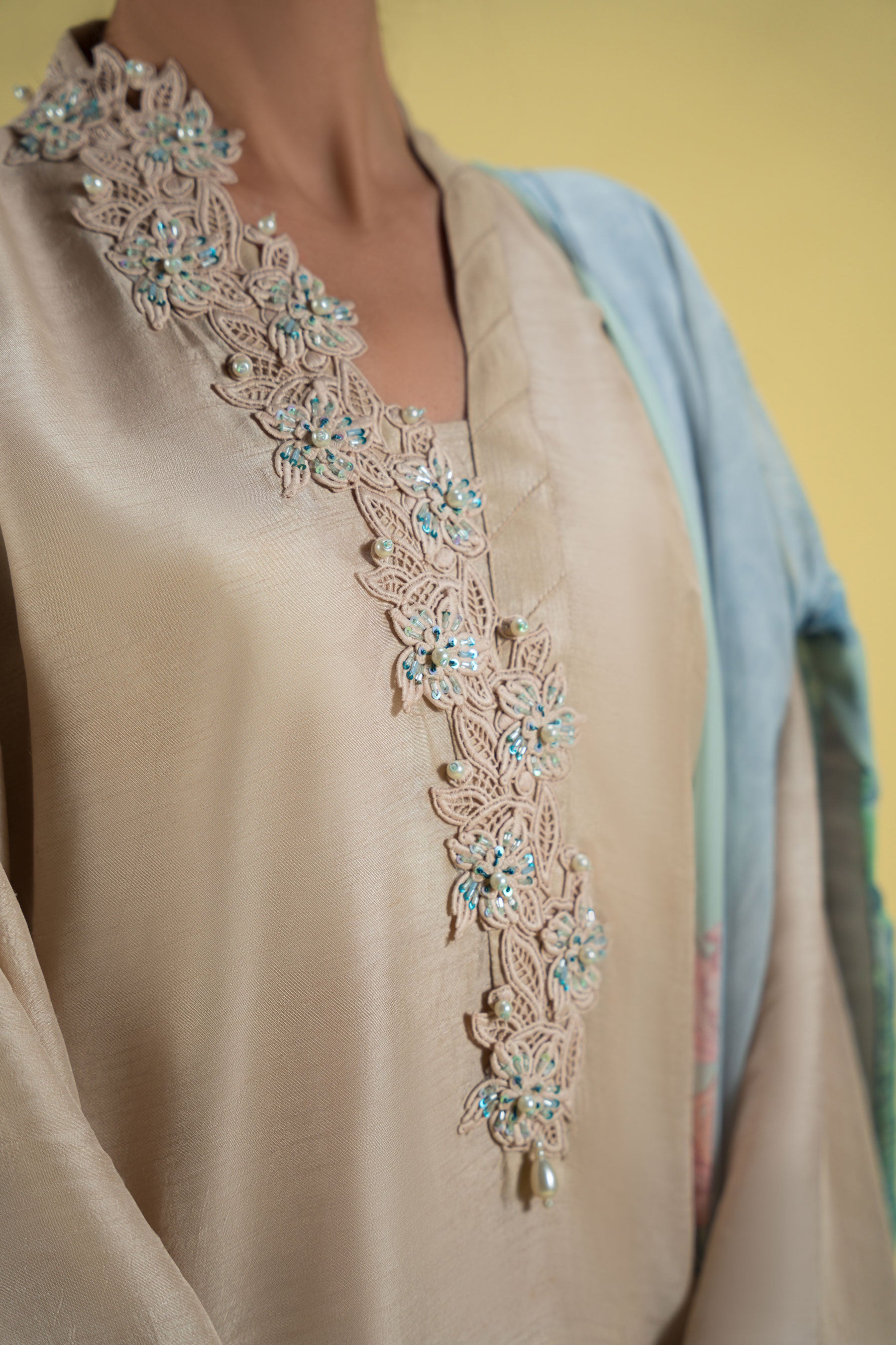 Pakistani Pastel Beige Hand-Embellished Blended Silk Salwar Kameez (3-Piece) - Image 4