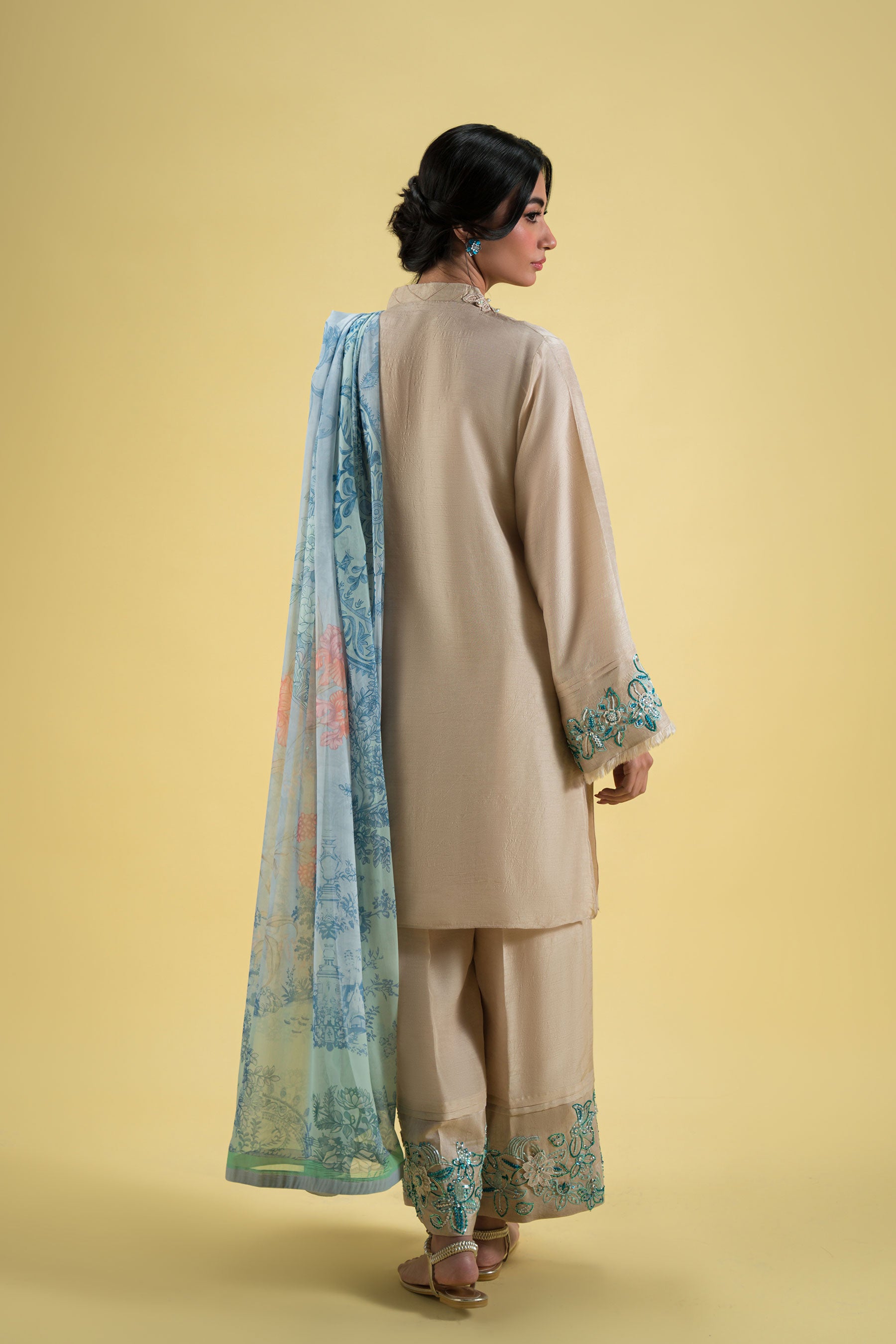 Pakistani Pastel Beige Hand-Embellished Blended Silk Salwar Kameez (3-Piece) - Image 6