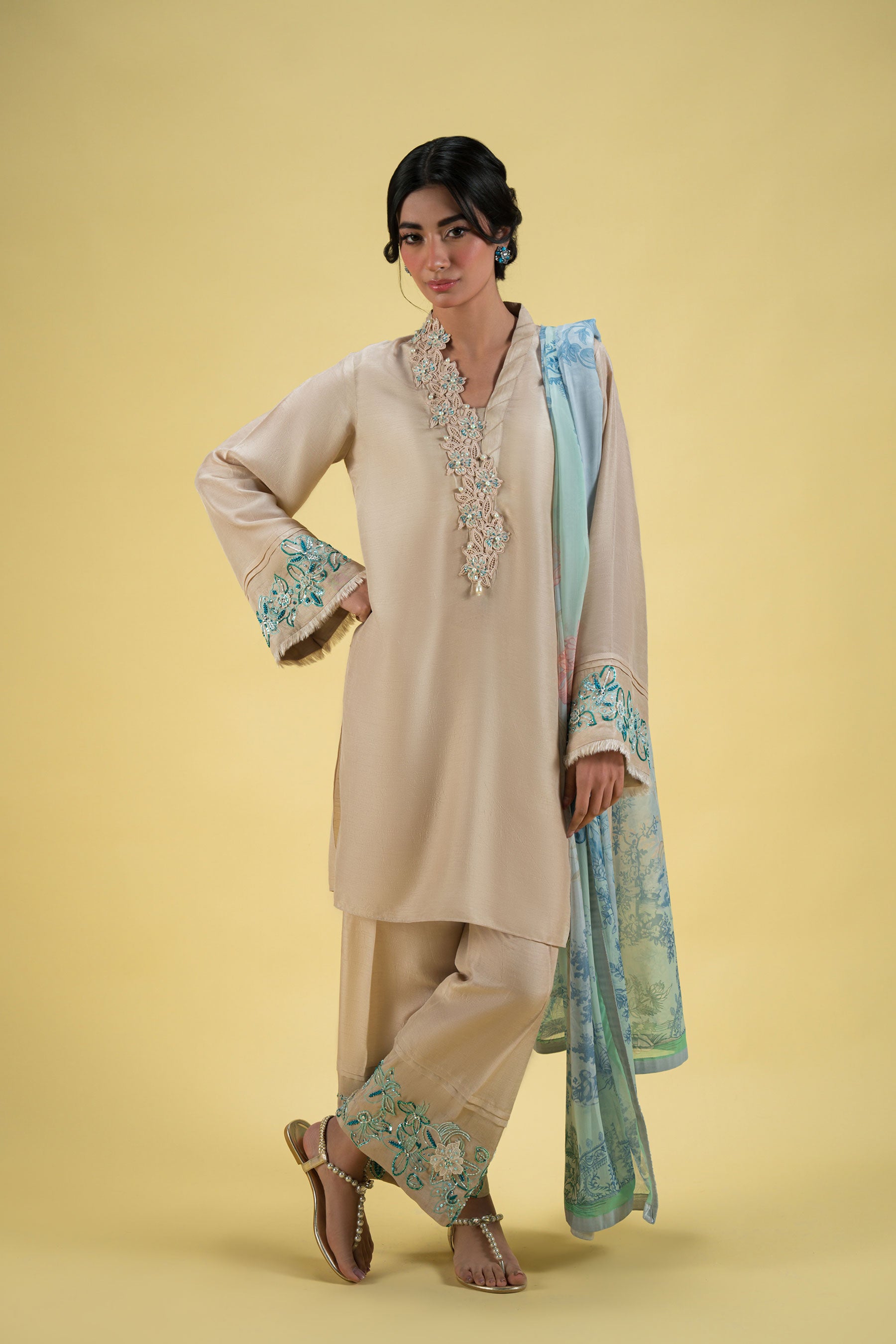 Pakistani Pastel Beige Hand-Embellished Blended Silk Salwar Kameez (3-Piece) - Image 2