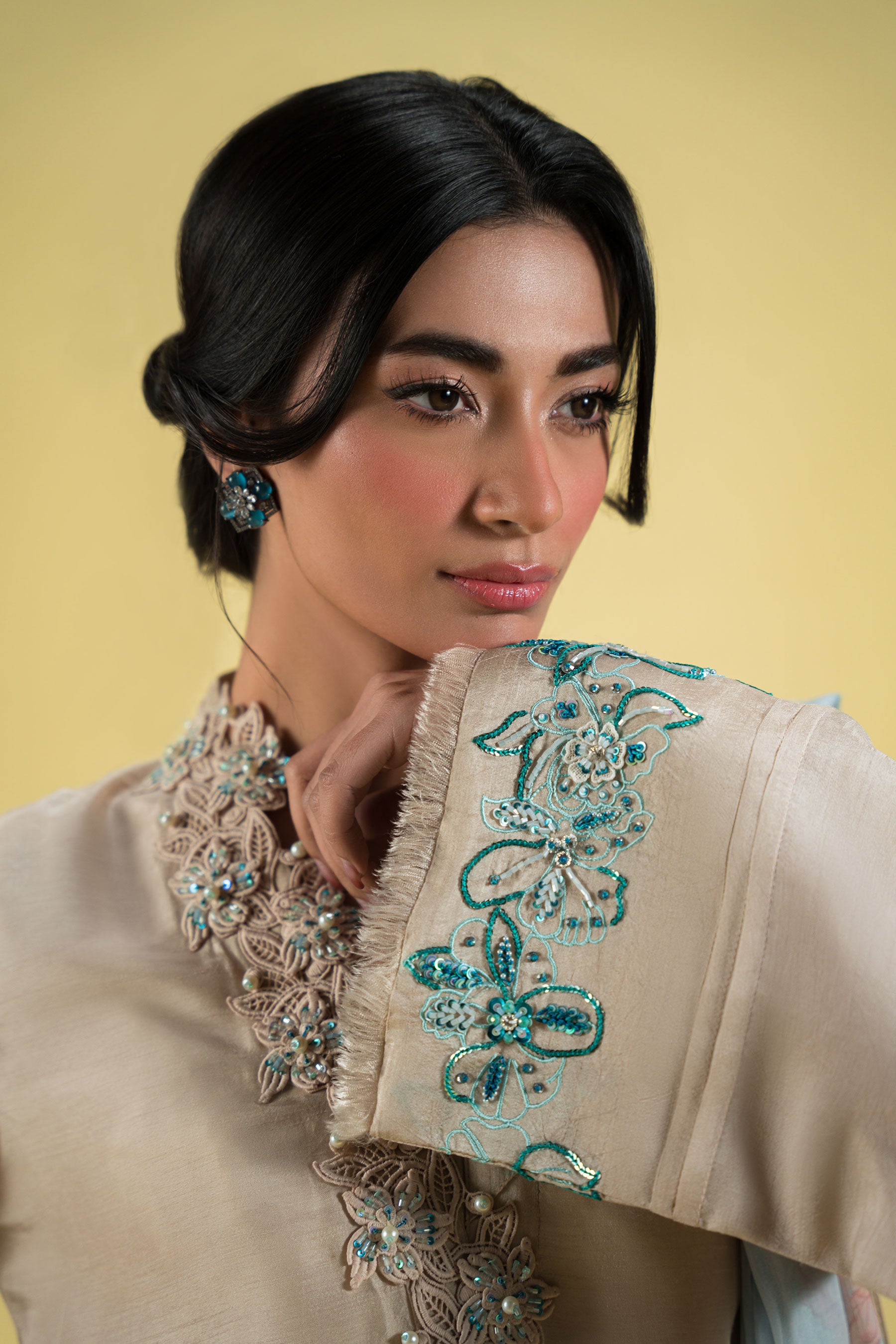 Pakistani Pastel Beige Hand-Embellished Blended Silk Salwar Kameez (3-Piece) - Image 3